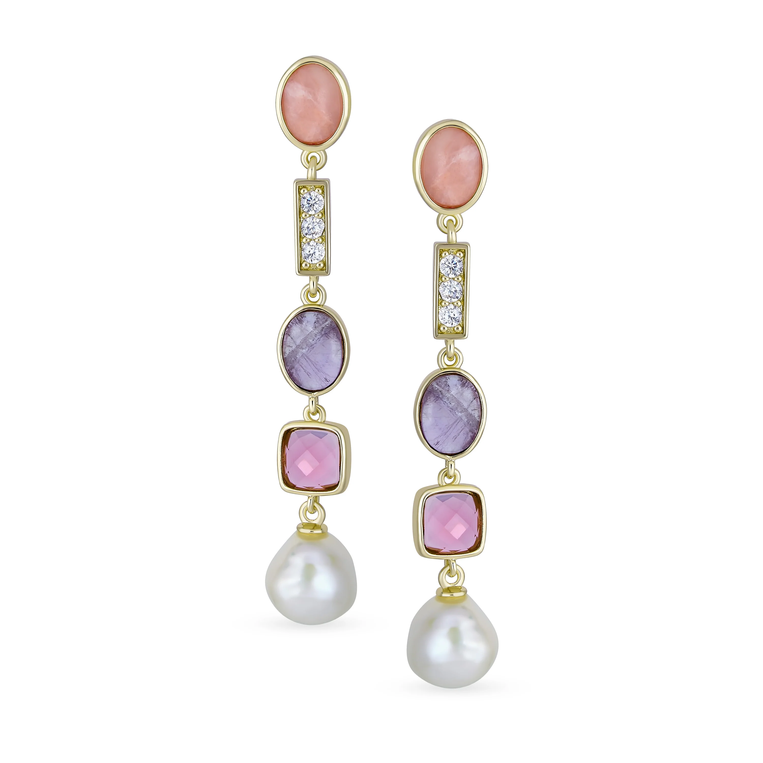 Tri Tone Pearl Tourmaline Amethyst Dangle Gemstone Earrings - Image 2