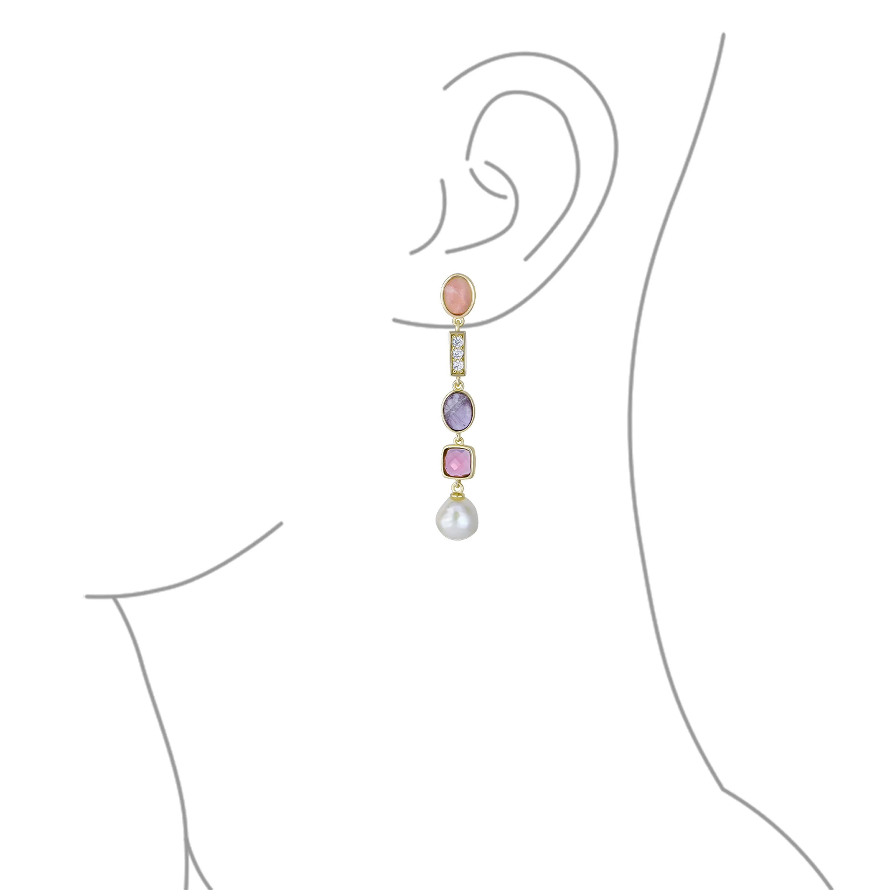 Tri Tone Pearl Tourmaline Amethyst Dangle Gemstone Earrings - Image 3