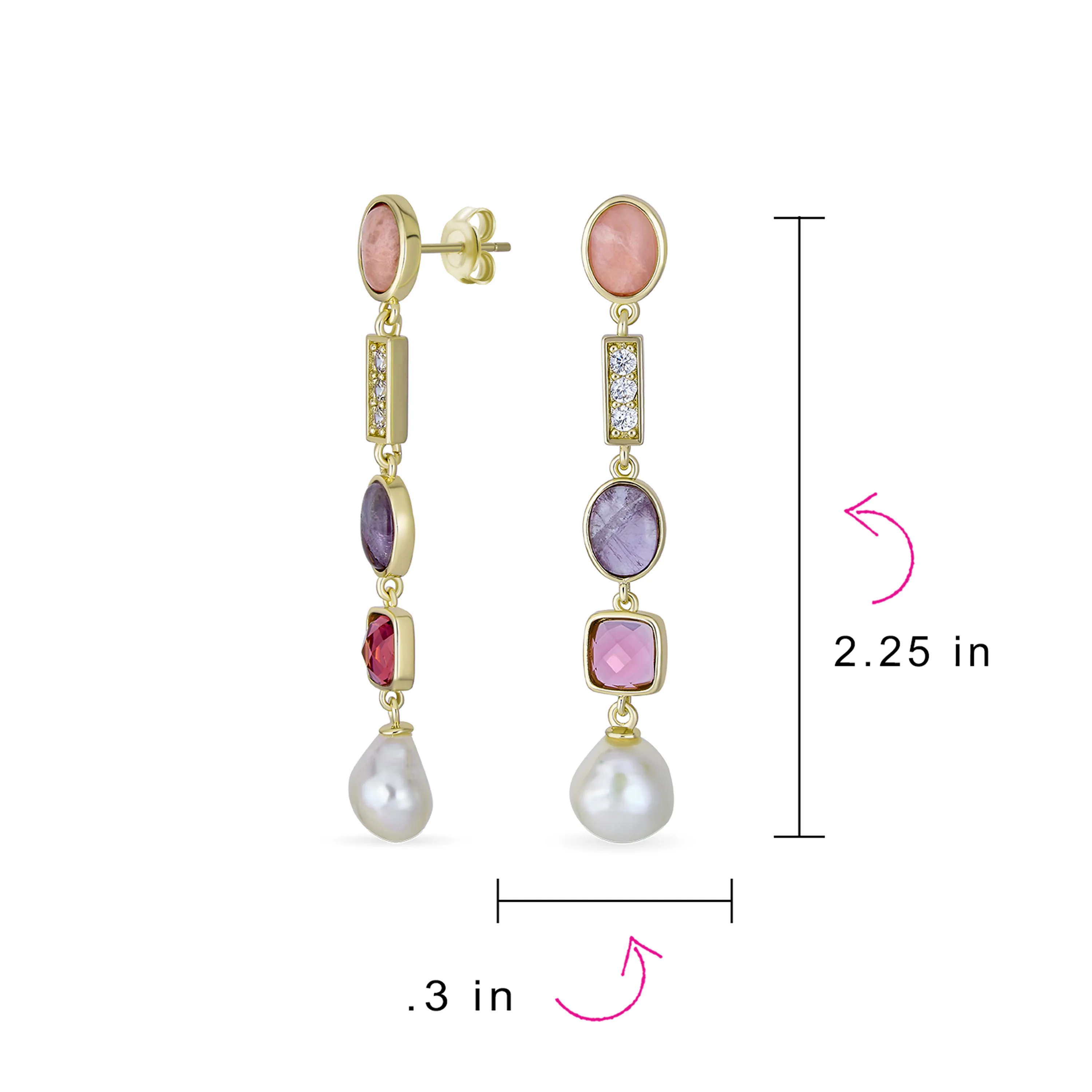 Tri Tone Pearl Tourmaline Amethyst Dangle Gemstone Earrings - Image 4