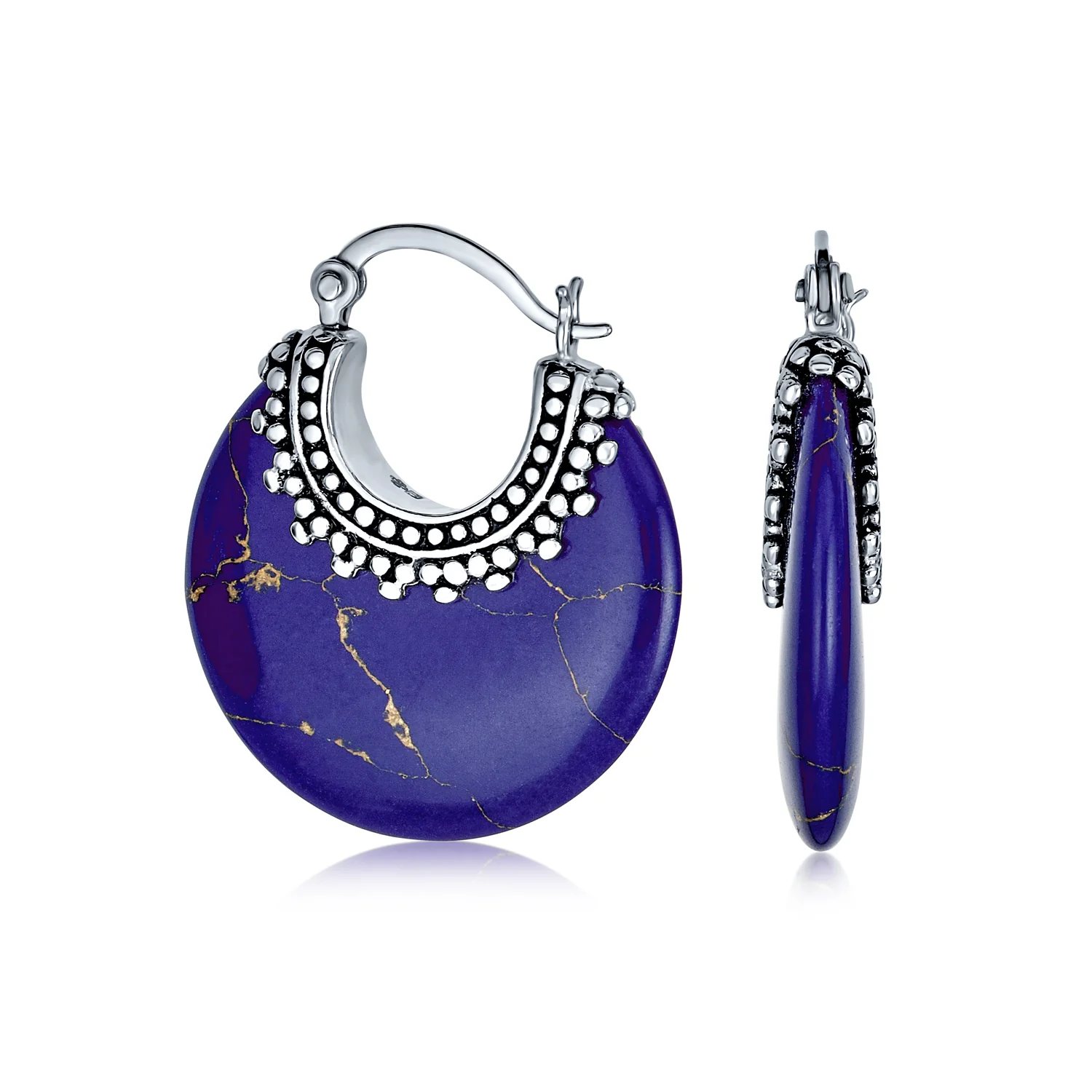 Bali Style Blue Lapis Round Half Crescent Hoop Earrings Milgrain .925 Sterling Silver - Image 3