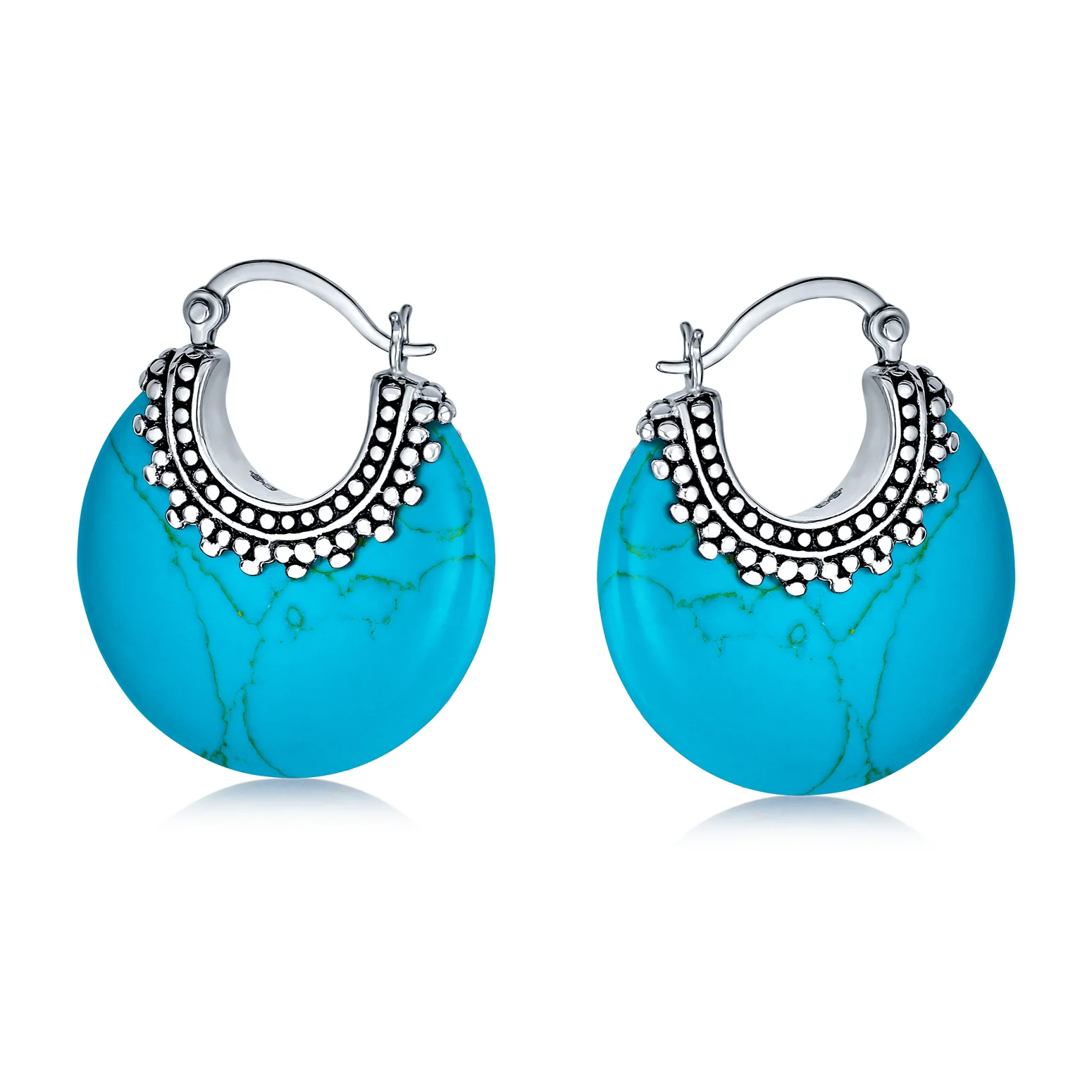 Bali Style Blue Lapis Round Half Crescent Hoop Earrings Milgrain .925 Sterling Silver - Image 5