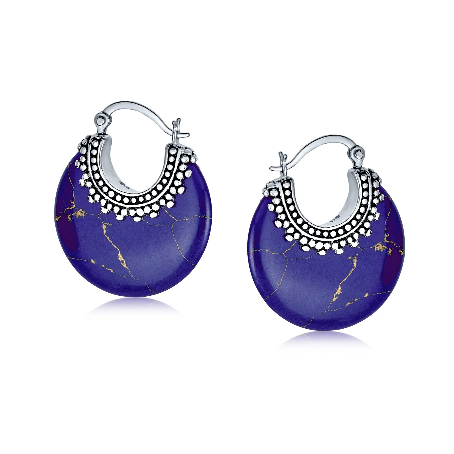 Bali Style Blue Lapis Round Half Crescent Hoop Earrings Milgrain .925 Sterling Silver - Image 6