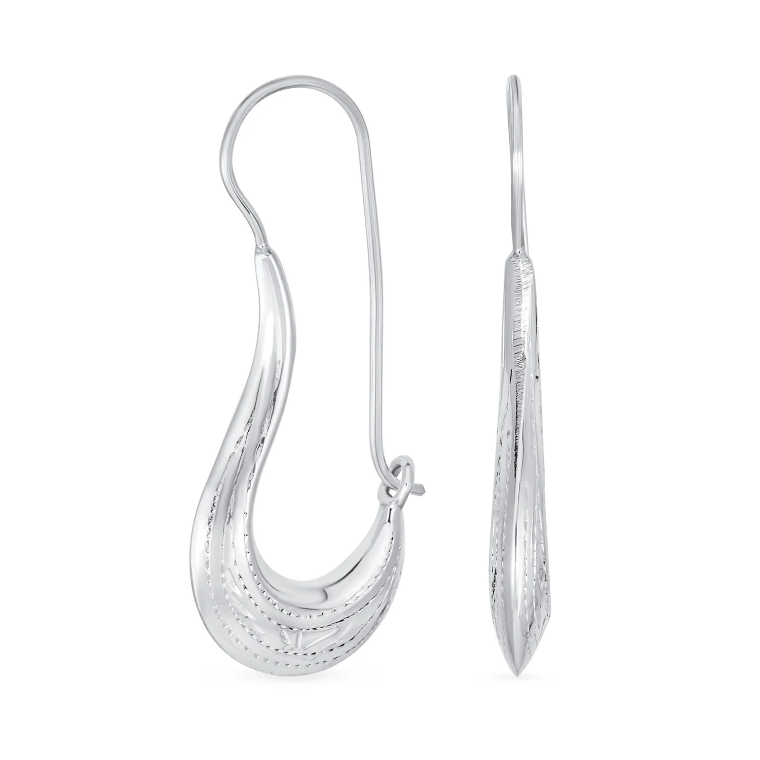 Boho Artisan Tribal Etching Dangle Earrings Silver Bell