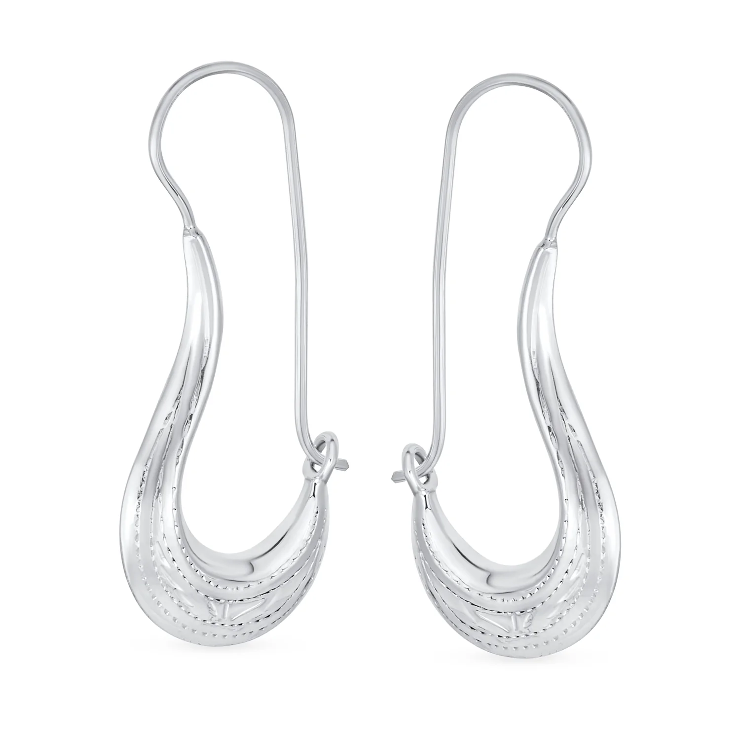 Boho Artisan Tribal Etching Dangle Earrings Silver Bell - Image 2