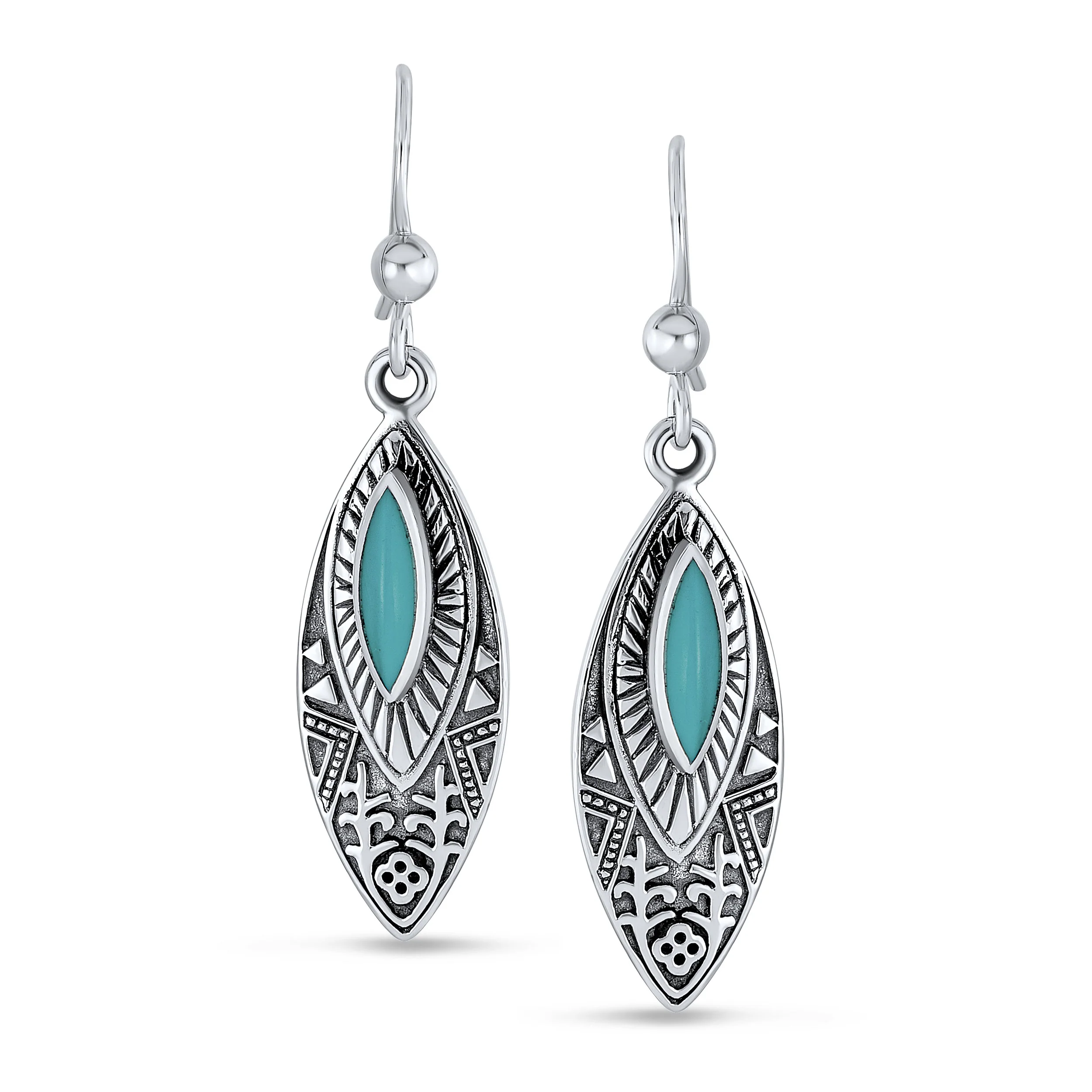 Southwest Style Blue Turquoise Marquise Leaf Feather Dangle Earrings Lever back .925 Sterling Silver - Image 2
