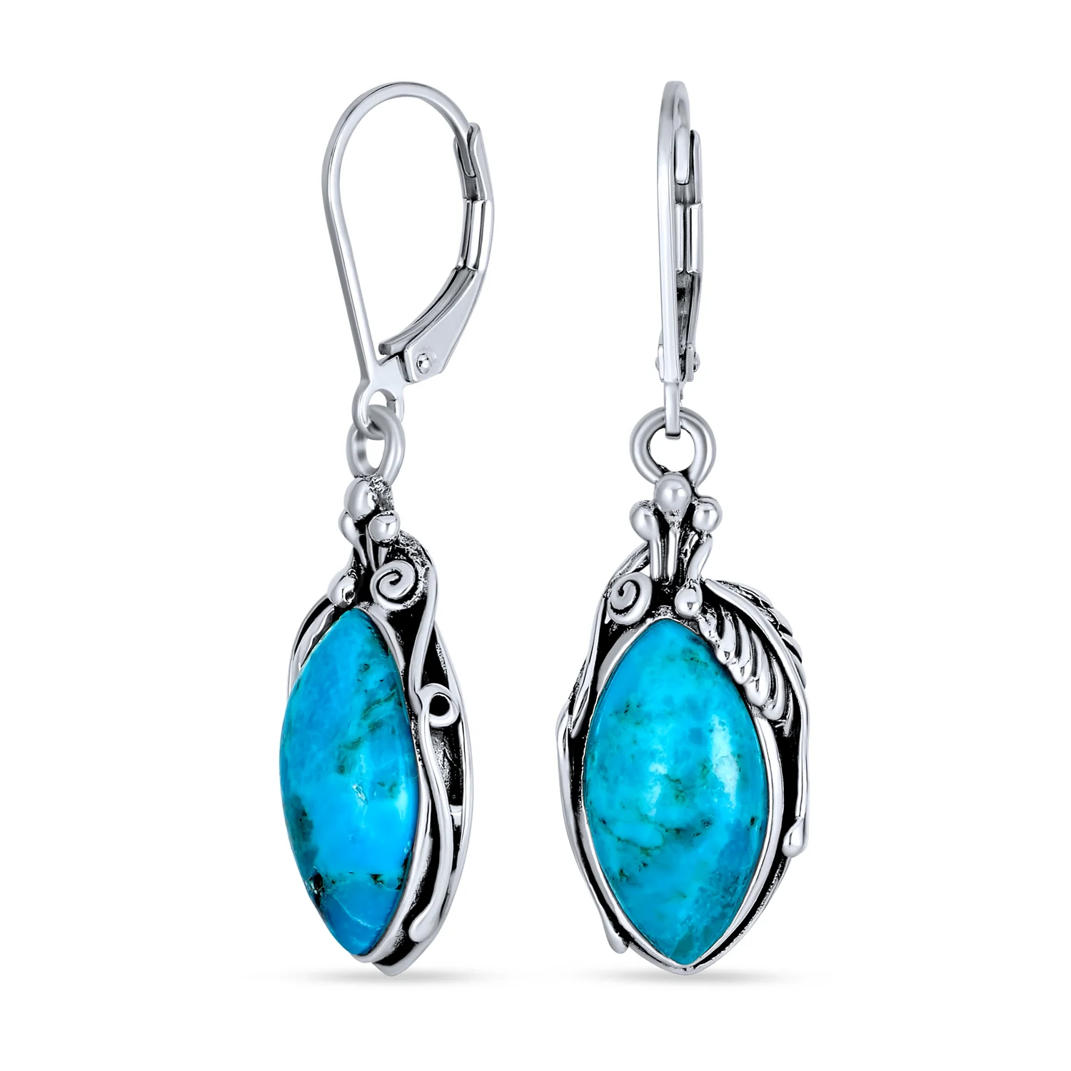 Boho Turquoise Marquise Leaf Feather Dangle Earrings