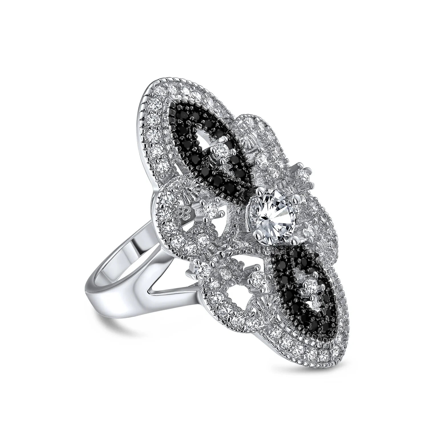 Art Deco Black White CZ Filigree Statement Full Finger Ring Silver Plated