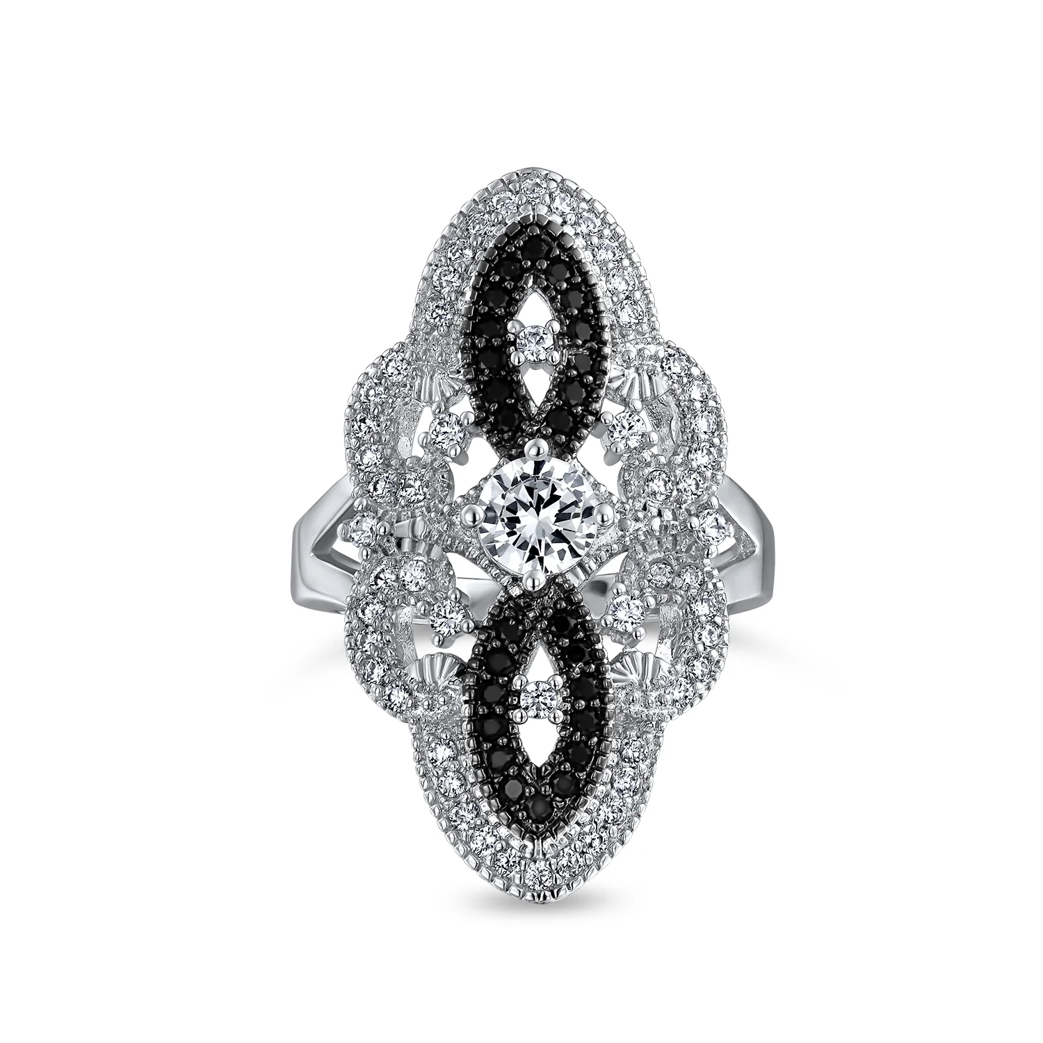 Art Deco Black White CZ Filigree Statement Full Finger Ring Silver Plated - Image 2