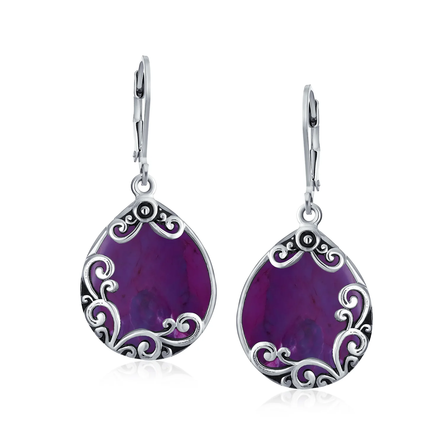 Blue Larimar Teardrop Dangle Earrings Scroll Setting .925 Sterling Silver Leverback - Image 12
