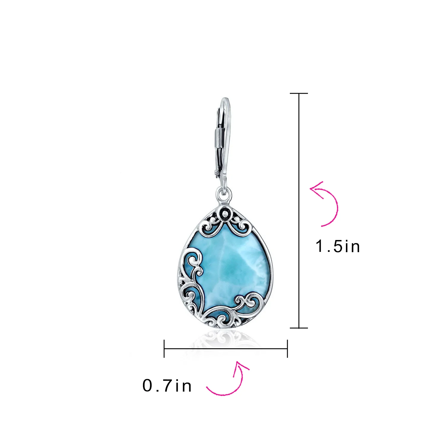 Blue Larimar Teardrop Dangle Earrings Scroll Setting .925 Sterling Silver Leverback - Image 20