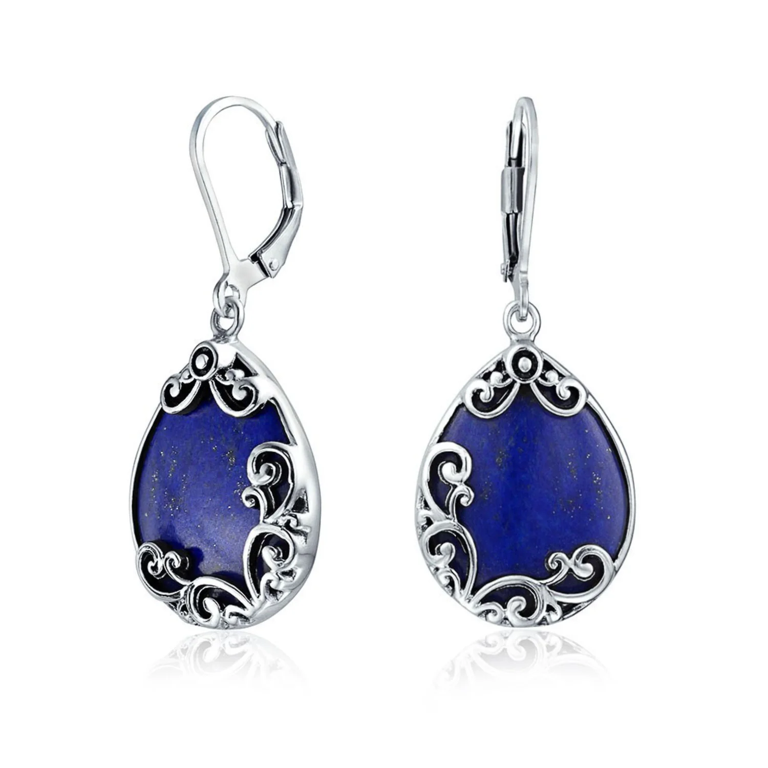 Blue Larimar Teardrop Dangle Earrings Scroll Setting .925 Sterling Silver Leverback - Image 3