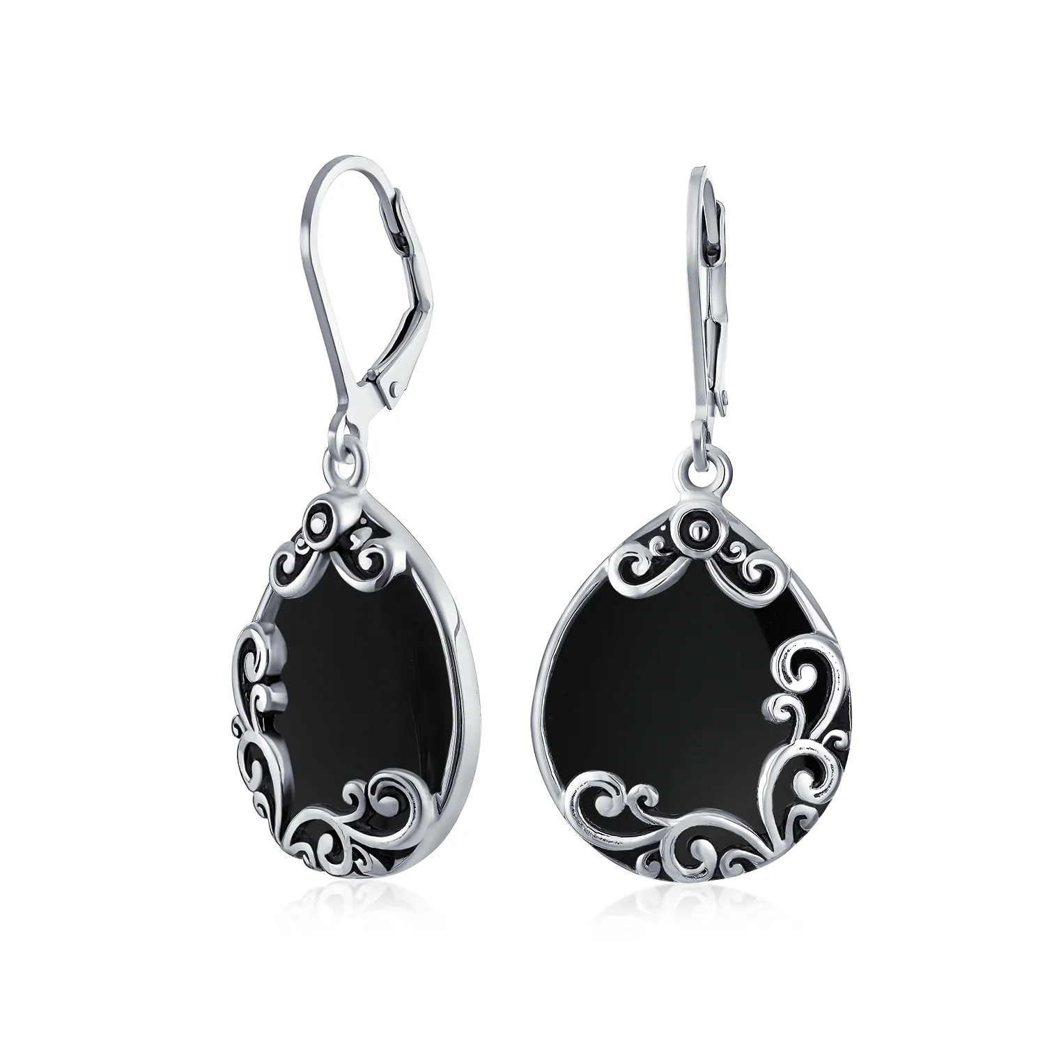 Blue Larimar Teardrop Dangle Earrings Scroll Setting .925 Sterling Silver Leverback - Image 4