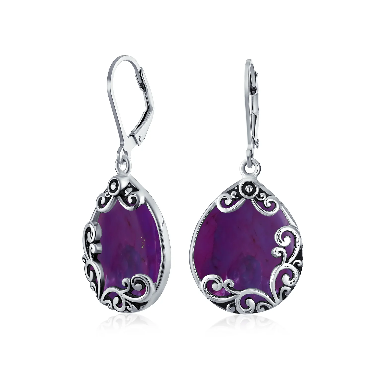 Blue Larimar Teardrop Dangle Earrings Scroll Setting .925 Sterling Silver Leverback - Image 6