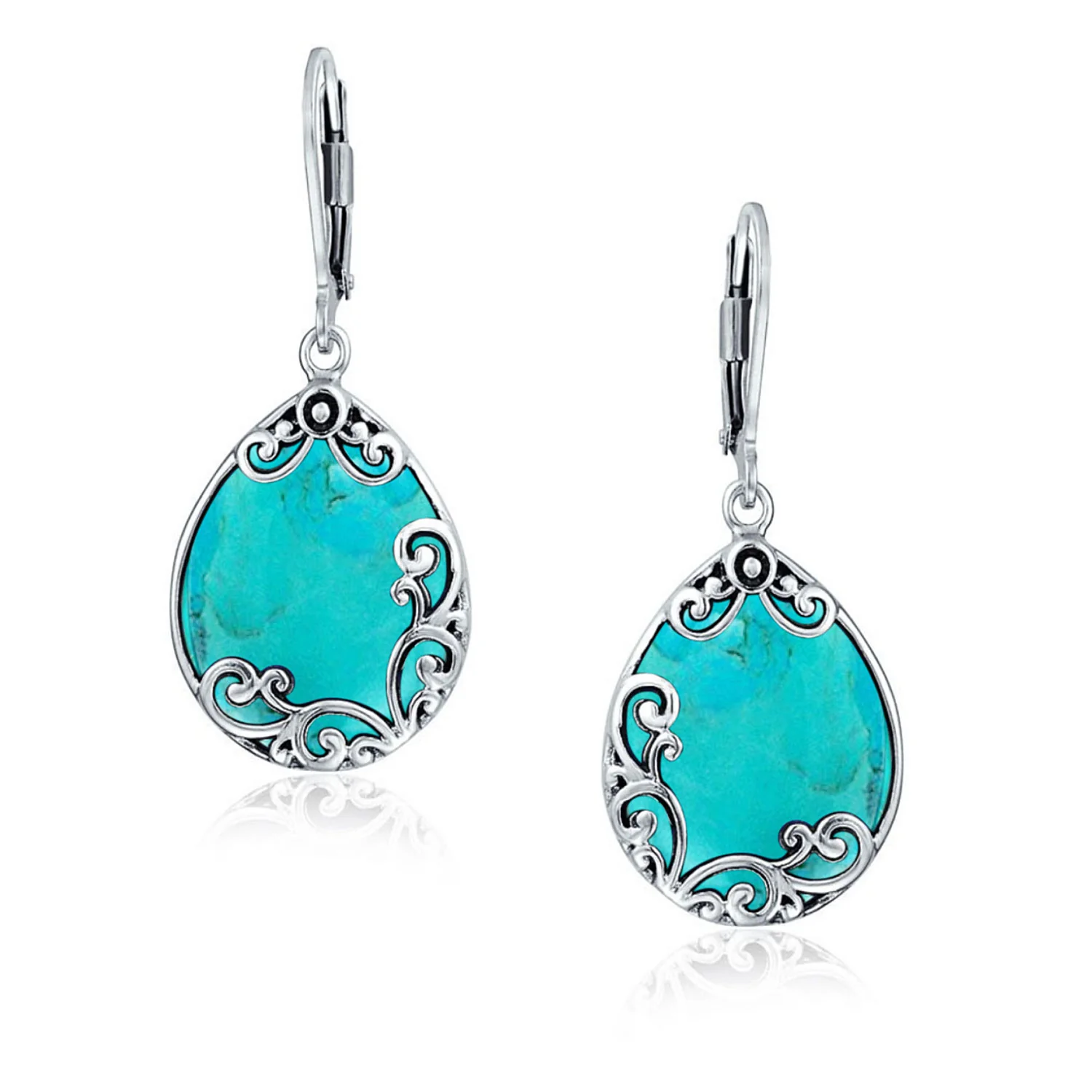 Blue Larimar Teardrop Dangle Earrings Scroll Setting .925 Sterling Silver Leverback - Image 7