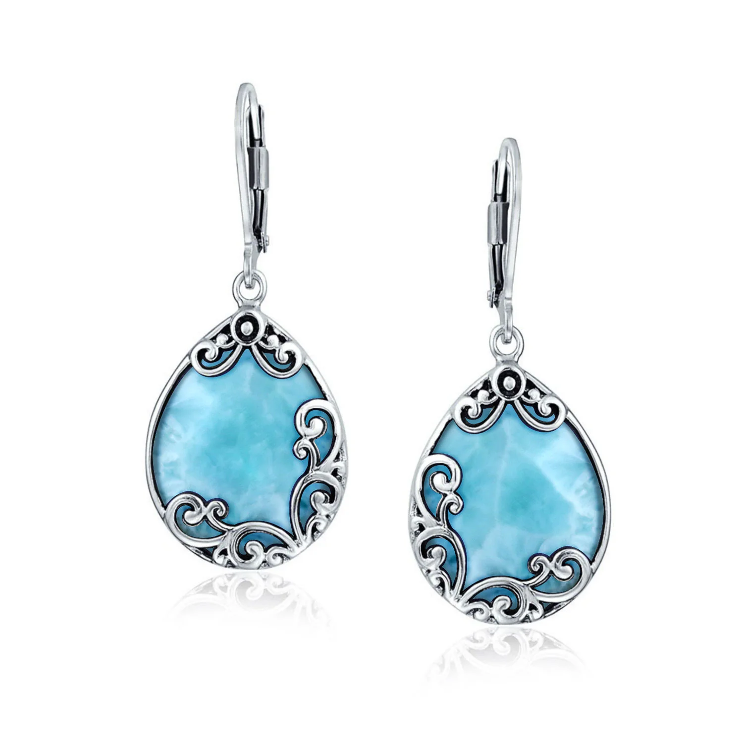 Blue Larimar Teardrop Dangle Earrings Scroll Setting .925 Sterling Silver Leverback - Image 8