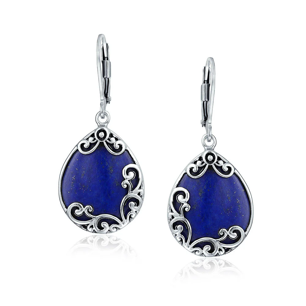 Blue Larimar Teardrop Dangle Earrings Scroll Setting .925 Sterling Silver Leverback - Image 9