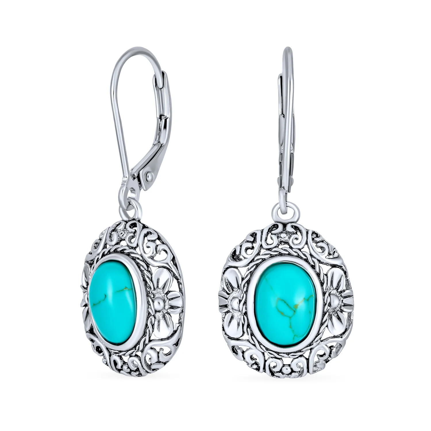 Bali Style Natural Oval Turquoise Floral Scroll Filigree Drop Earrings .925 Sterling Silver