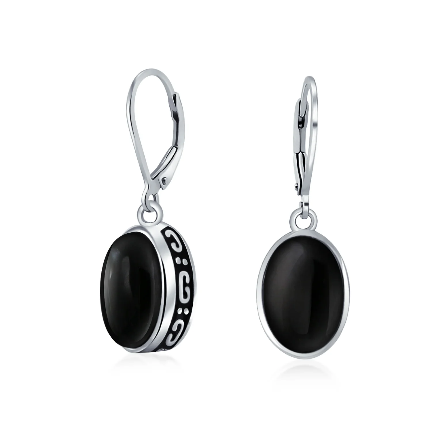 3.2CT Oval Green Jade Drop Earrings Scroll Bezel Set Edge .925 Sterling Silver Lever-back
