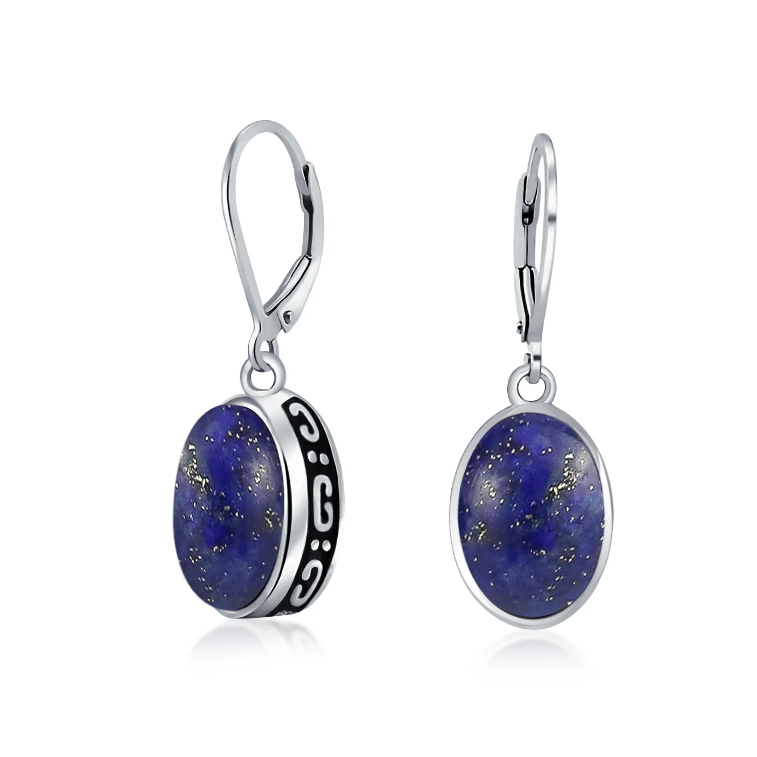 3.2CT Oval Green Jade Drop Earrings Scroll Bezel Set Edge .925 Sterling Silver Lever-back - Image 3