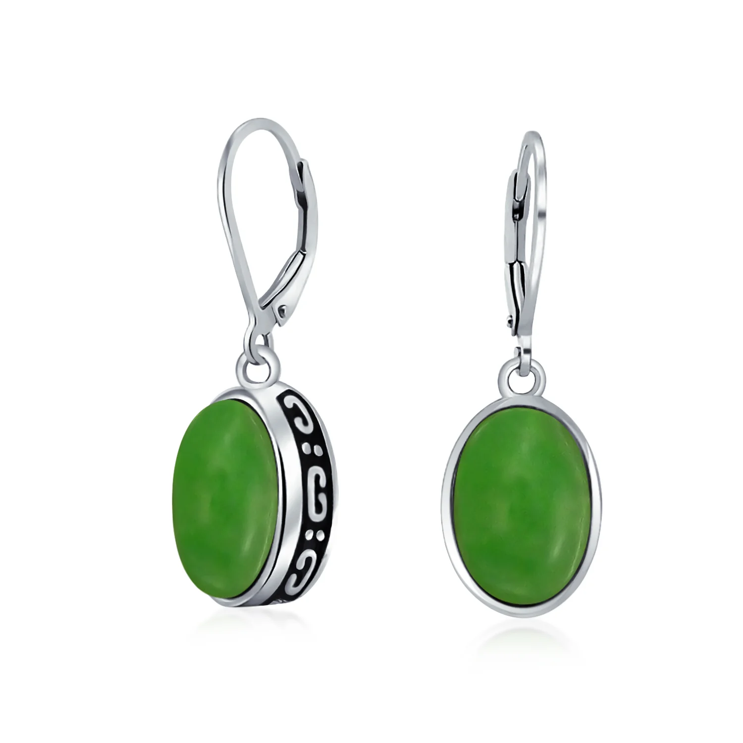 3.2CT Oval Green Jade Drop Earrings Scroll Bezel Set Edge .925 Sterling Silver Lever-back - Image 7