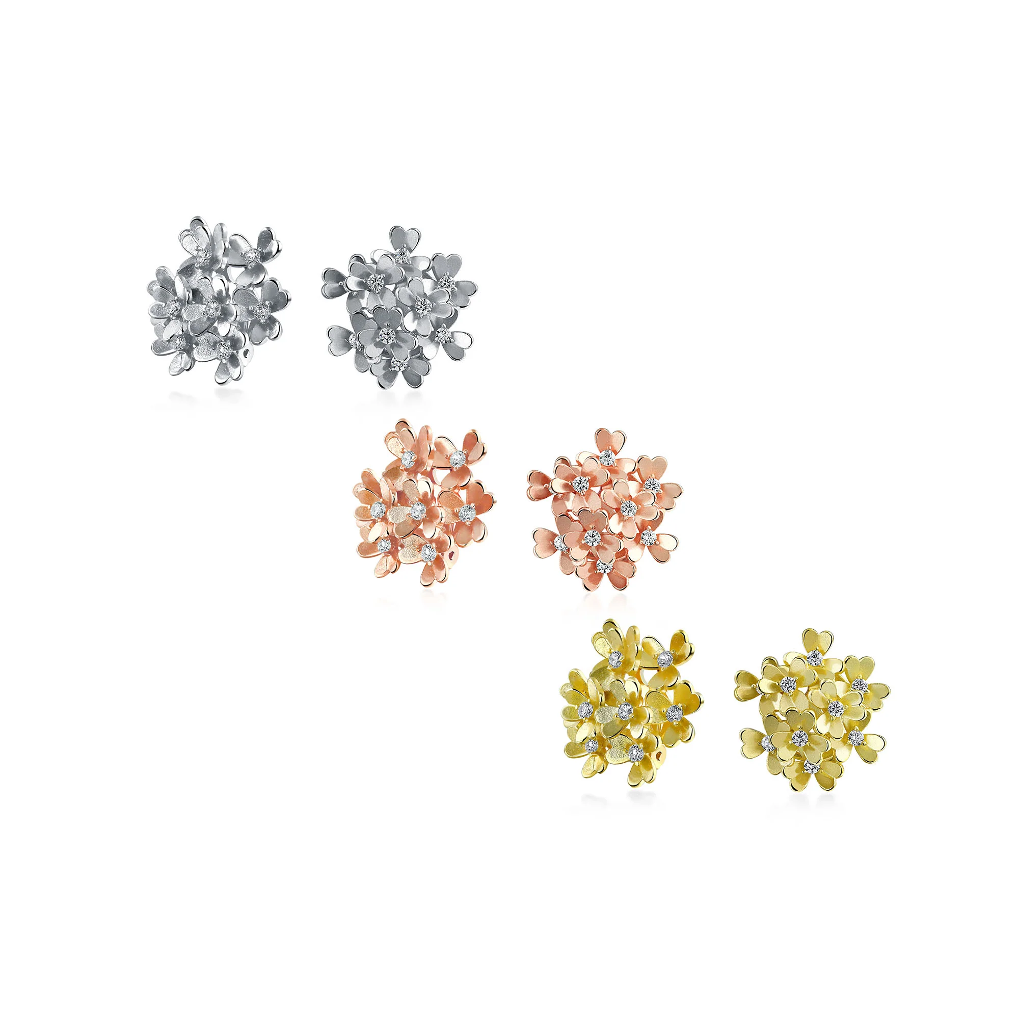 Set of 3 Floral CZ Bouquet Flower Clip-On Earrings for Non-Pierced Rose Gold Silver Plated