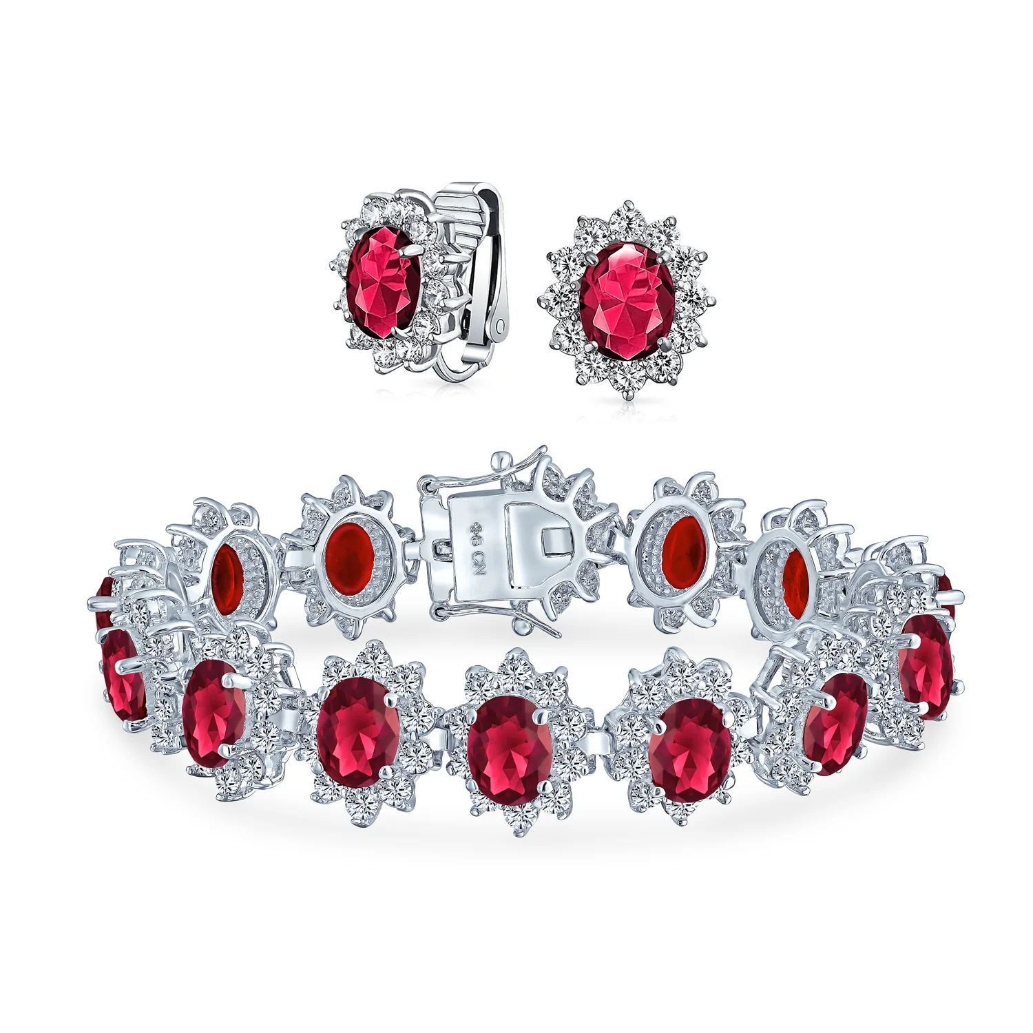 Estate Jewelry Vintage Style CZ Sapphire Ruby Statement Bracelet & Earrings Set - Image 2