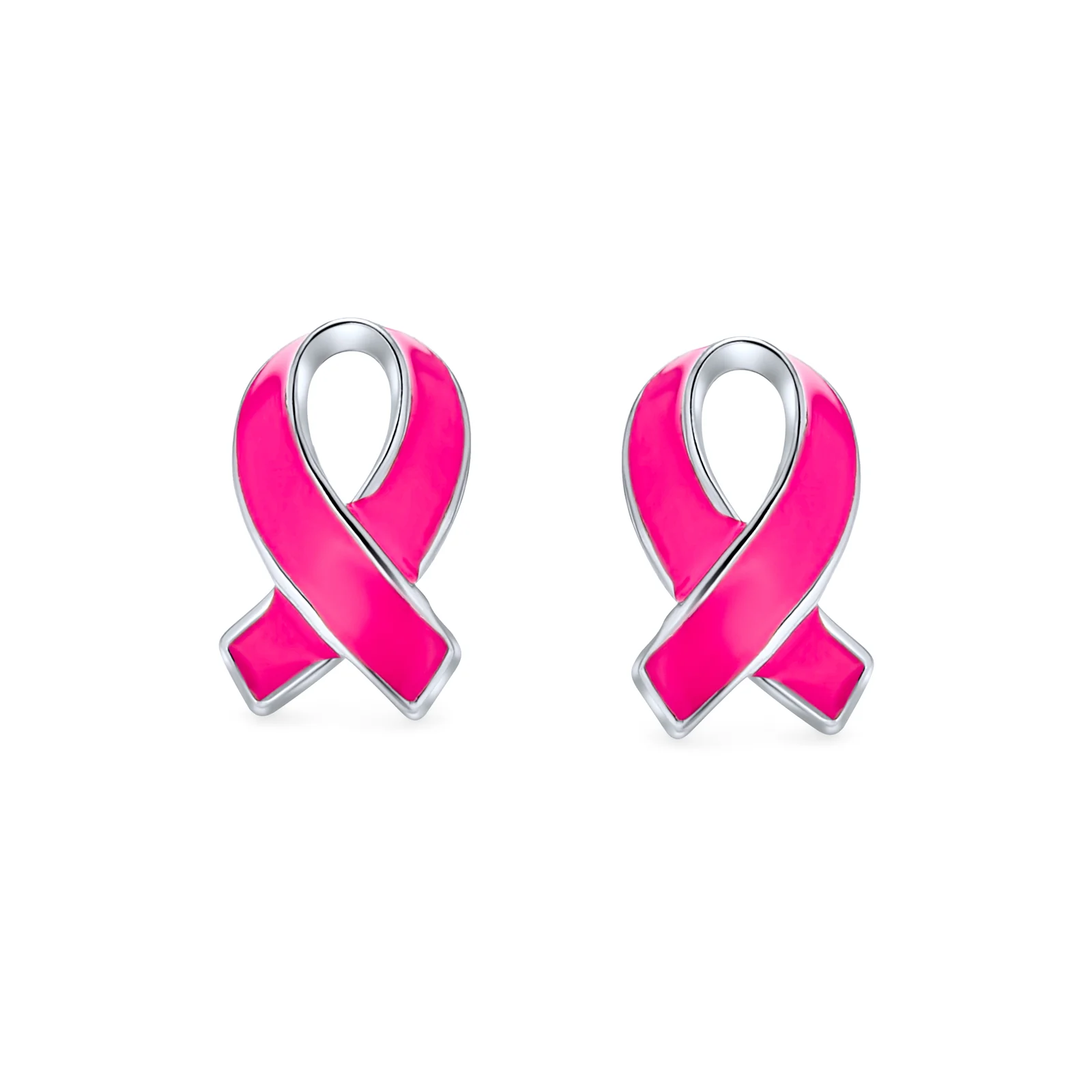 Breast Cancer Awareness Pink Ribbon Support Enamel Stud Earrings .925 Sterling Silver - Image 2