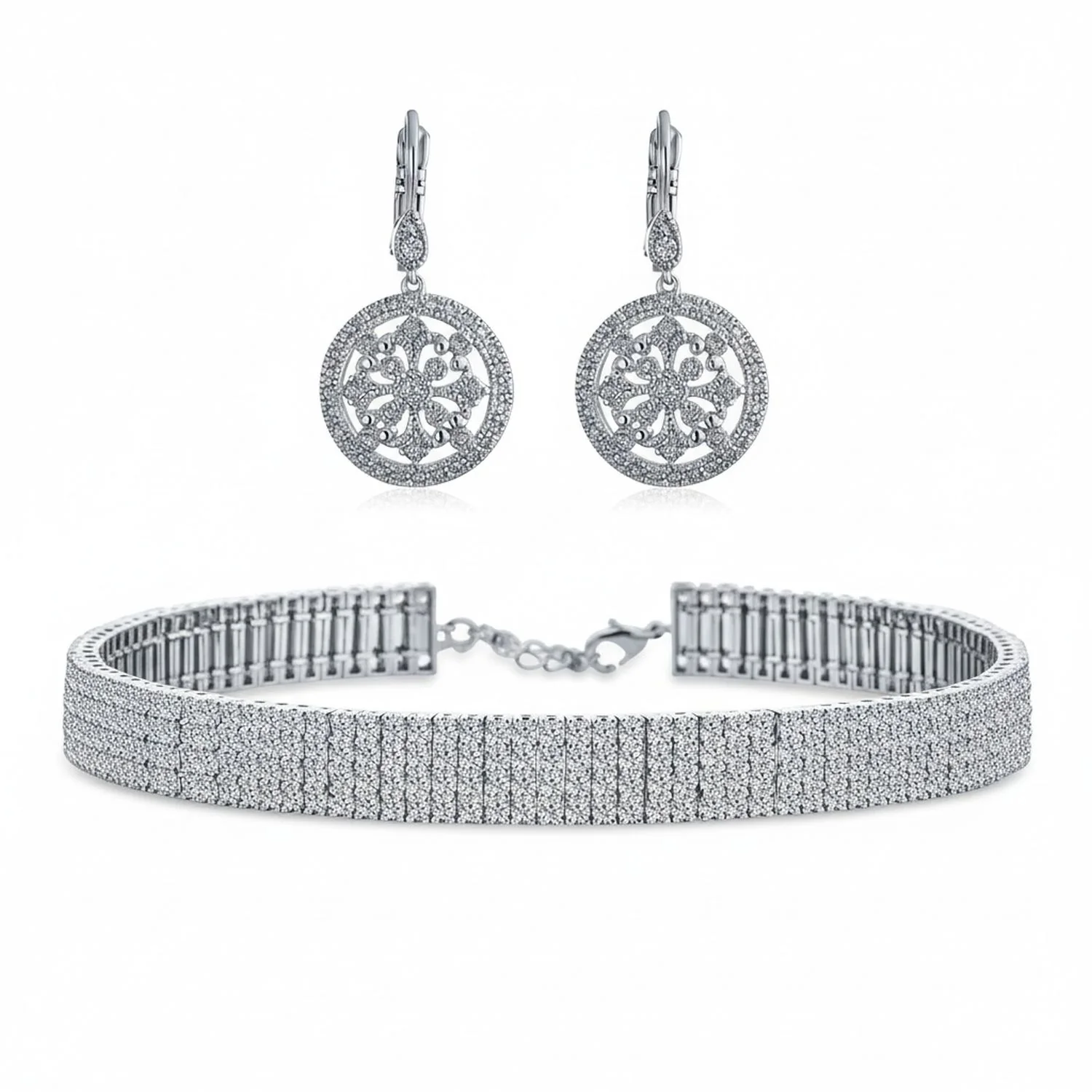 Bridal 5-Row Crystal Choker Necklace & Vintage CZ Compass Dangle Earrings Set