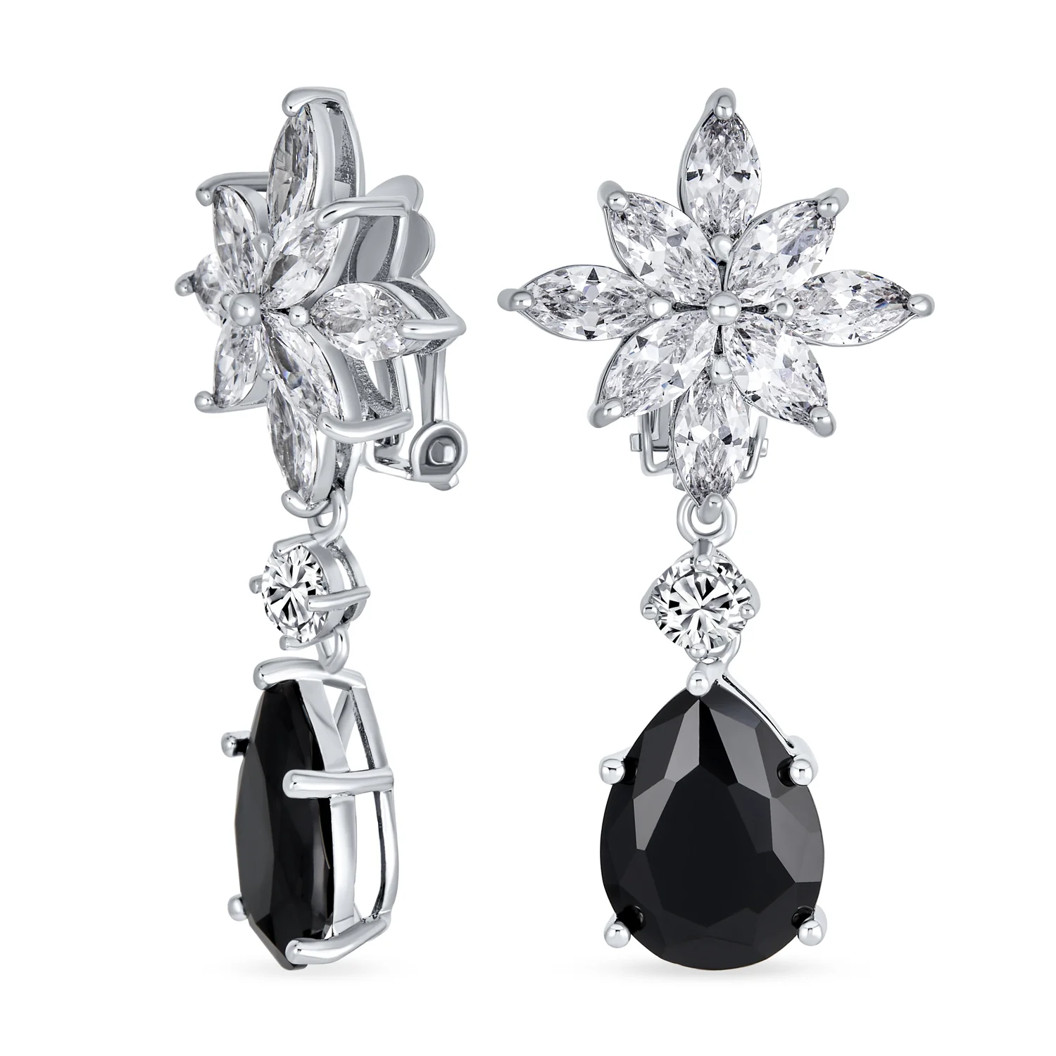 Cluster Floral CZ Teardrop Chandelier Clip-On Earrings - Image 2
