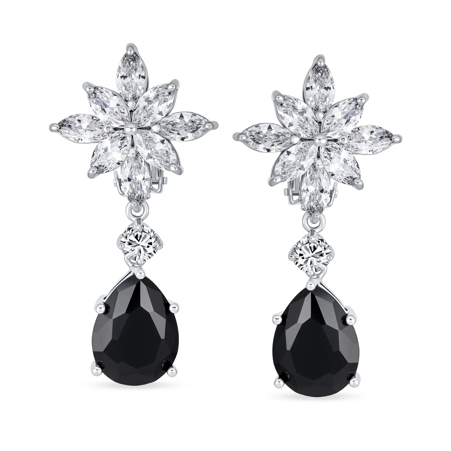 Cluster Floral CZ Teardrop Chandelier Clip-On Earrings - Image 4
