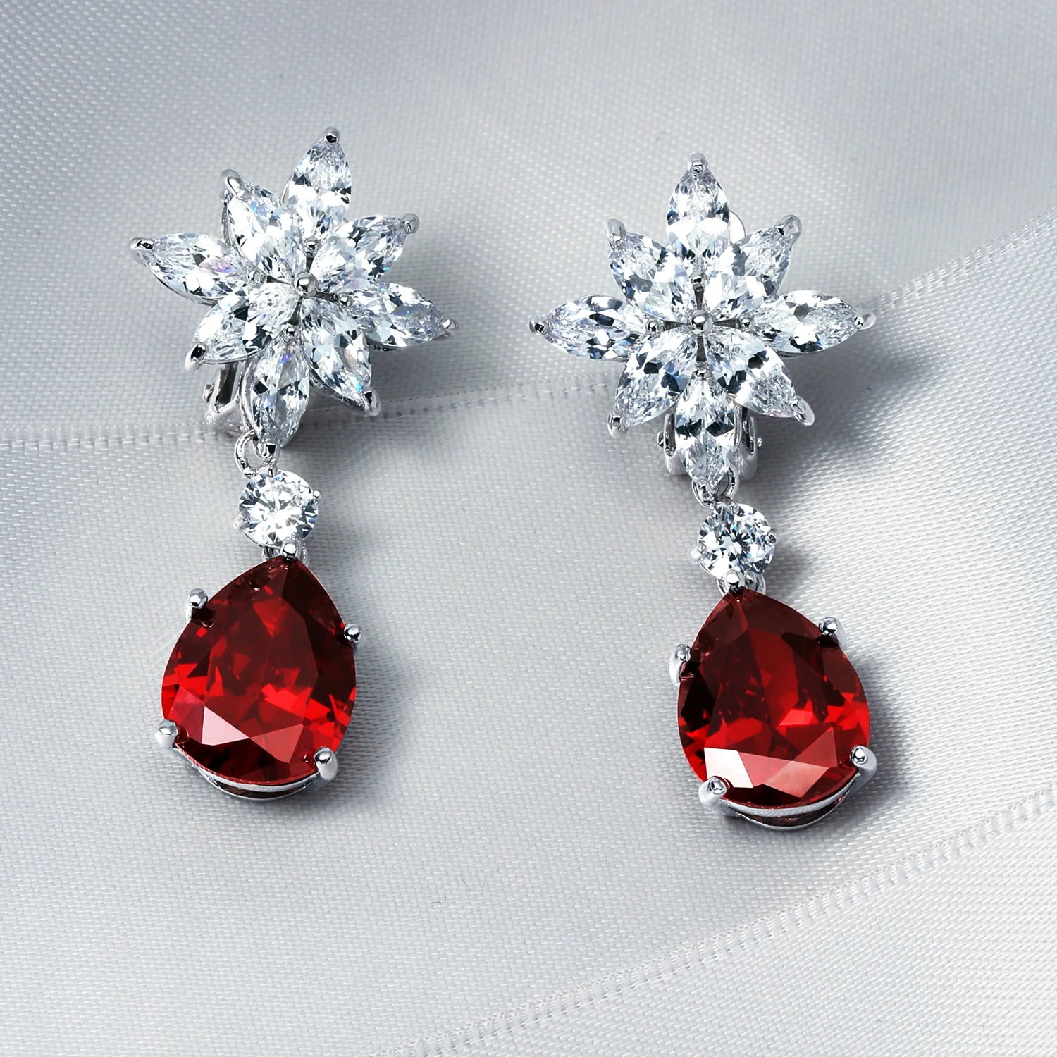 Cluster Floral CZ Teardrop Chandelier Clip-On Earrings - Image 9