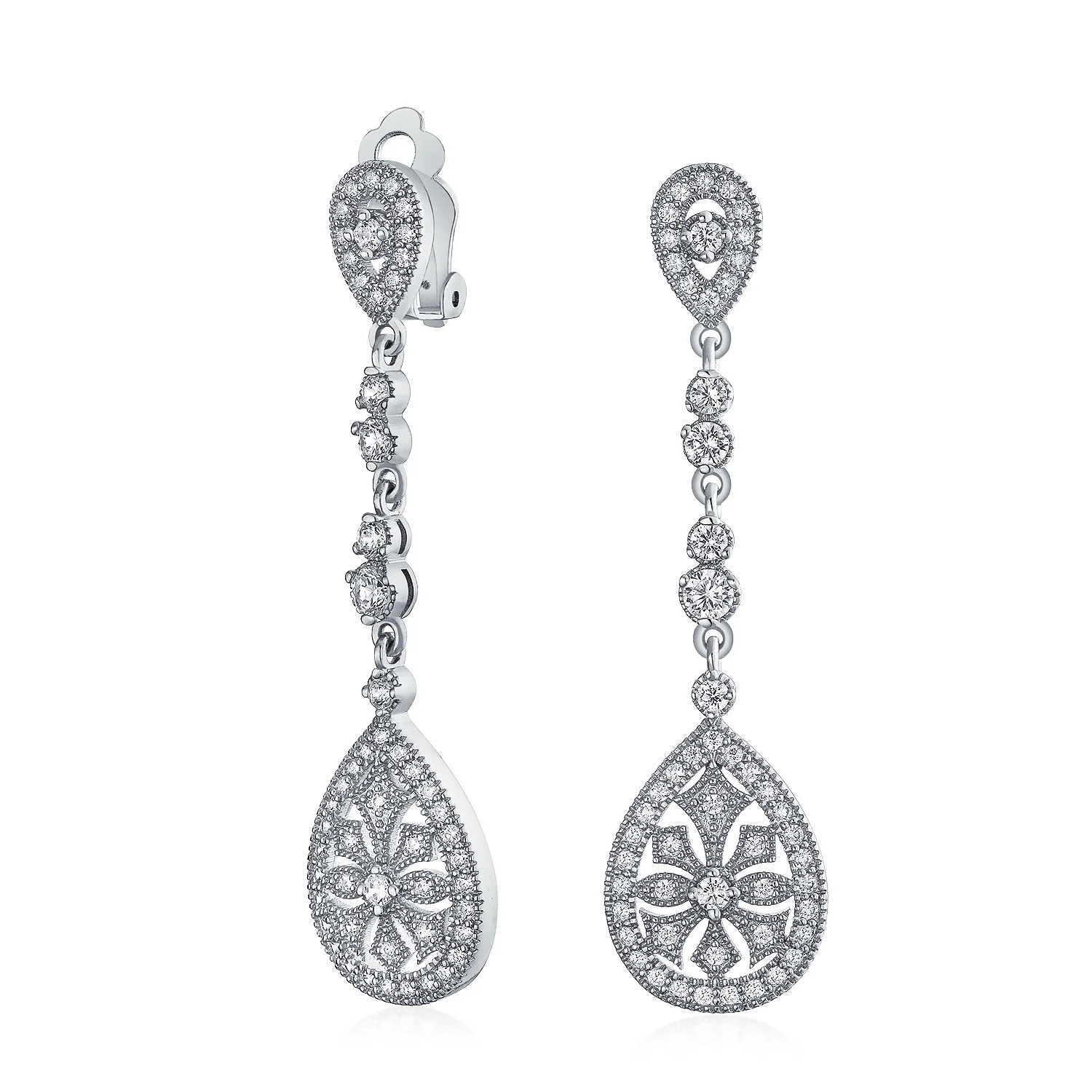 Art Deco Style Filigree Teardrop Cubic Zirconia Chandelier Clip On Earrings