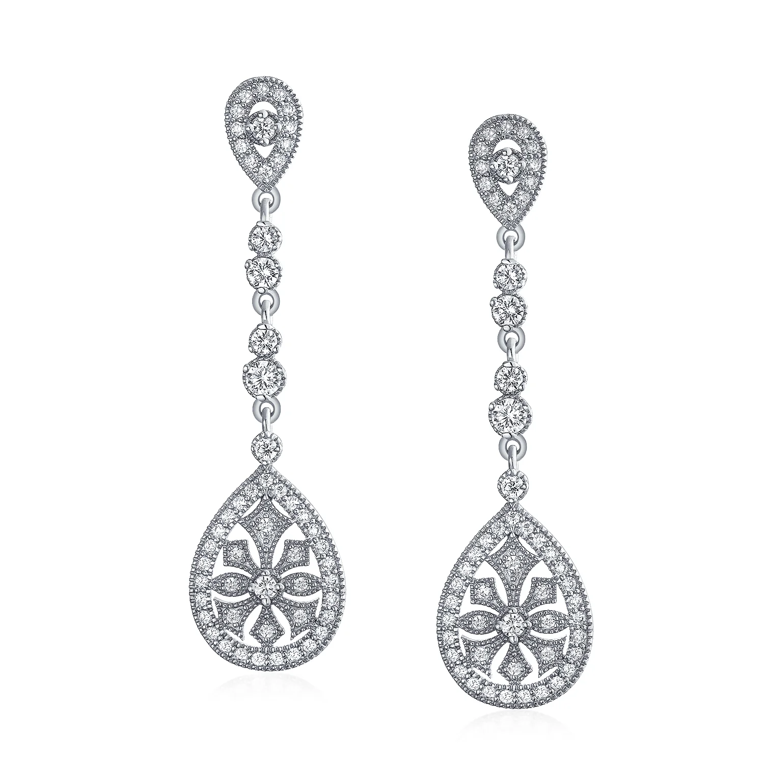 Art Deco Style Filigree Teardrop Cubic Zirconia Chandelier Clip On Earrings - Image 3
