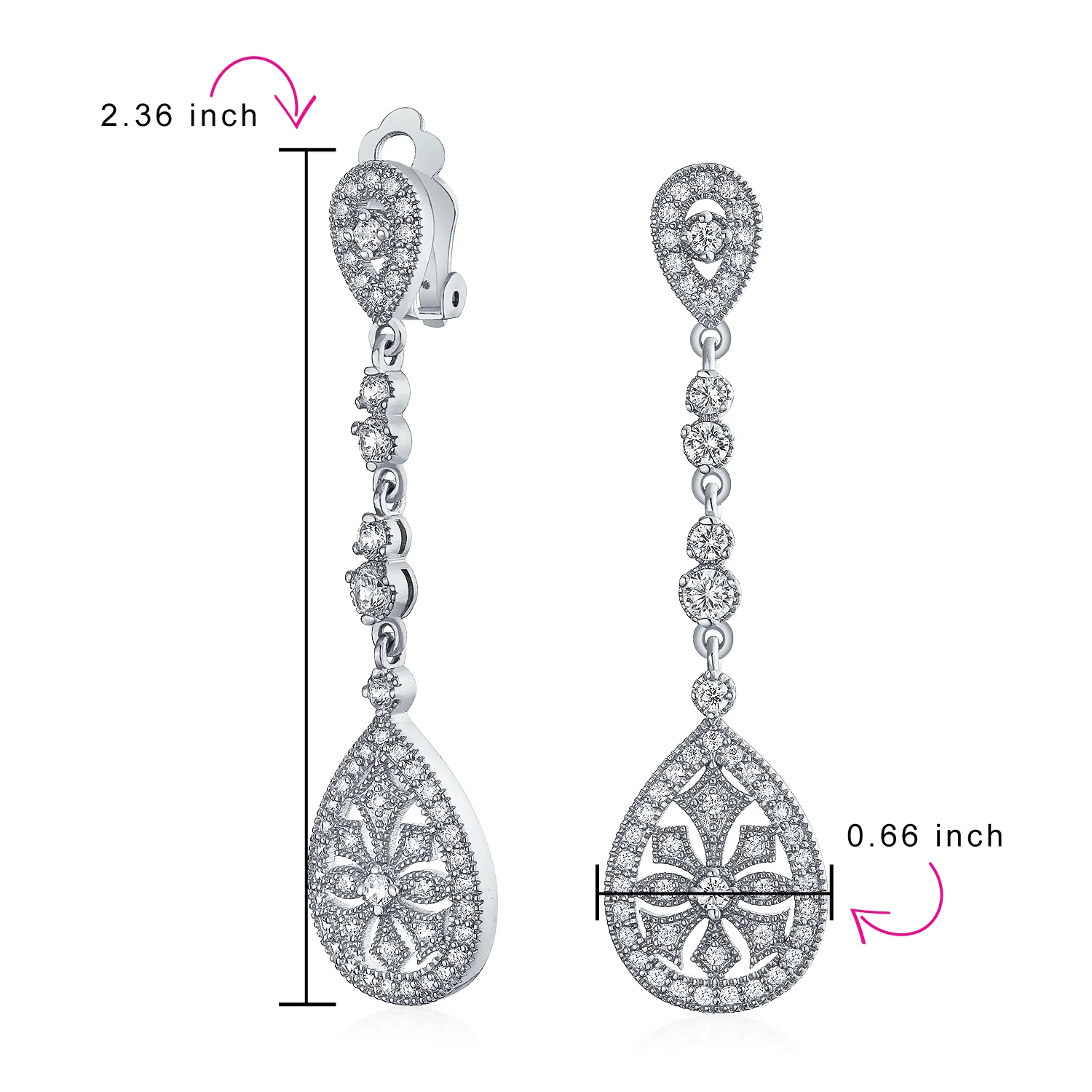 Art Deco Style Filigree Teardrop Cubic Zirconia Chandelier Clip On Earrings - Image 6