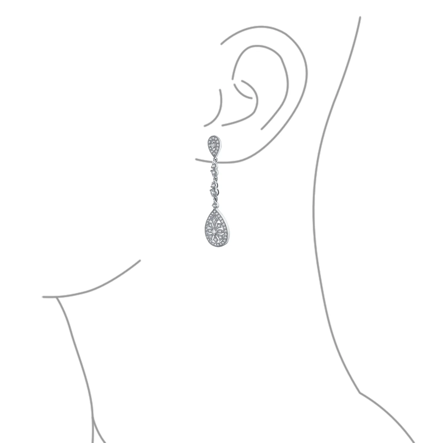 Art Deco Style Filigree Teardrop Cubic Zirconia Chandelier Clip On Earrings - Image 8