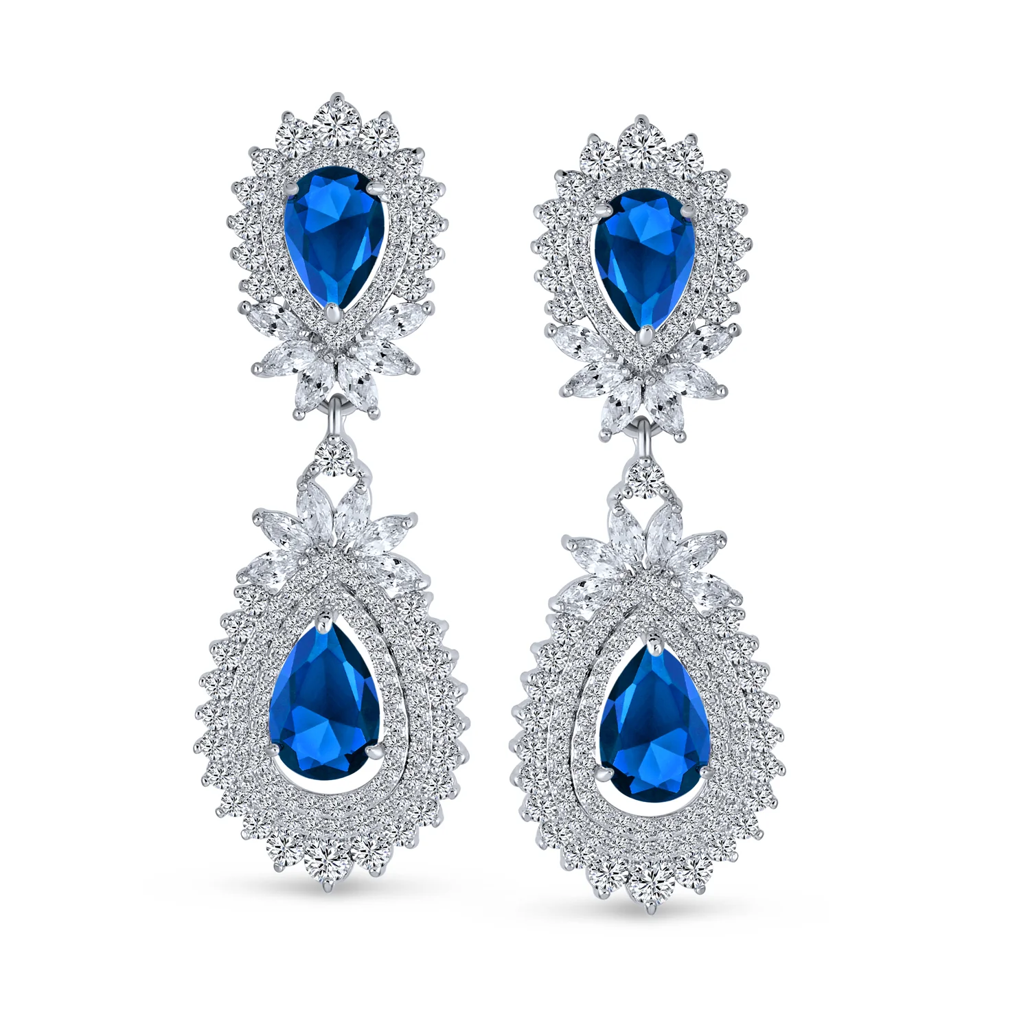 Bridal Teardrop Halo Cubic Zirconia Clip-On Earrings Silver - Image 2