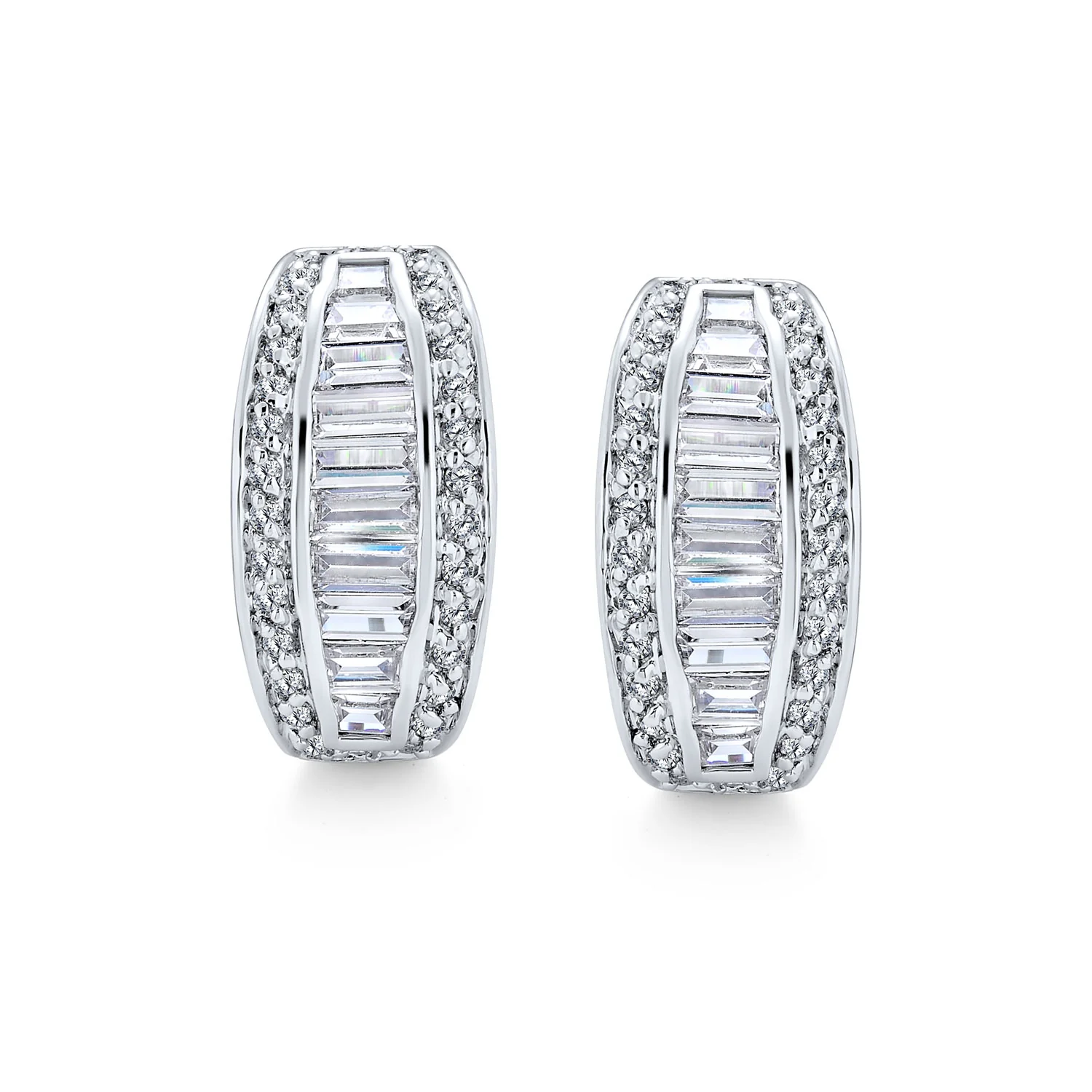 Bridal Baguette CZ Half Hoop Earrings Omega Back Clip - Image 2