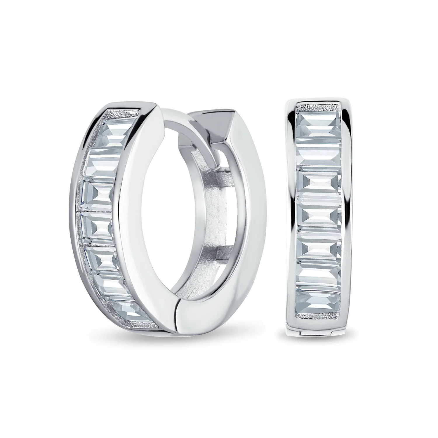 Aquamarine Blue Cubic Zirconia Baguette Cut CZ Huggie Mini Hoop Earrings .925 Sterling Silver