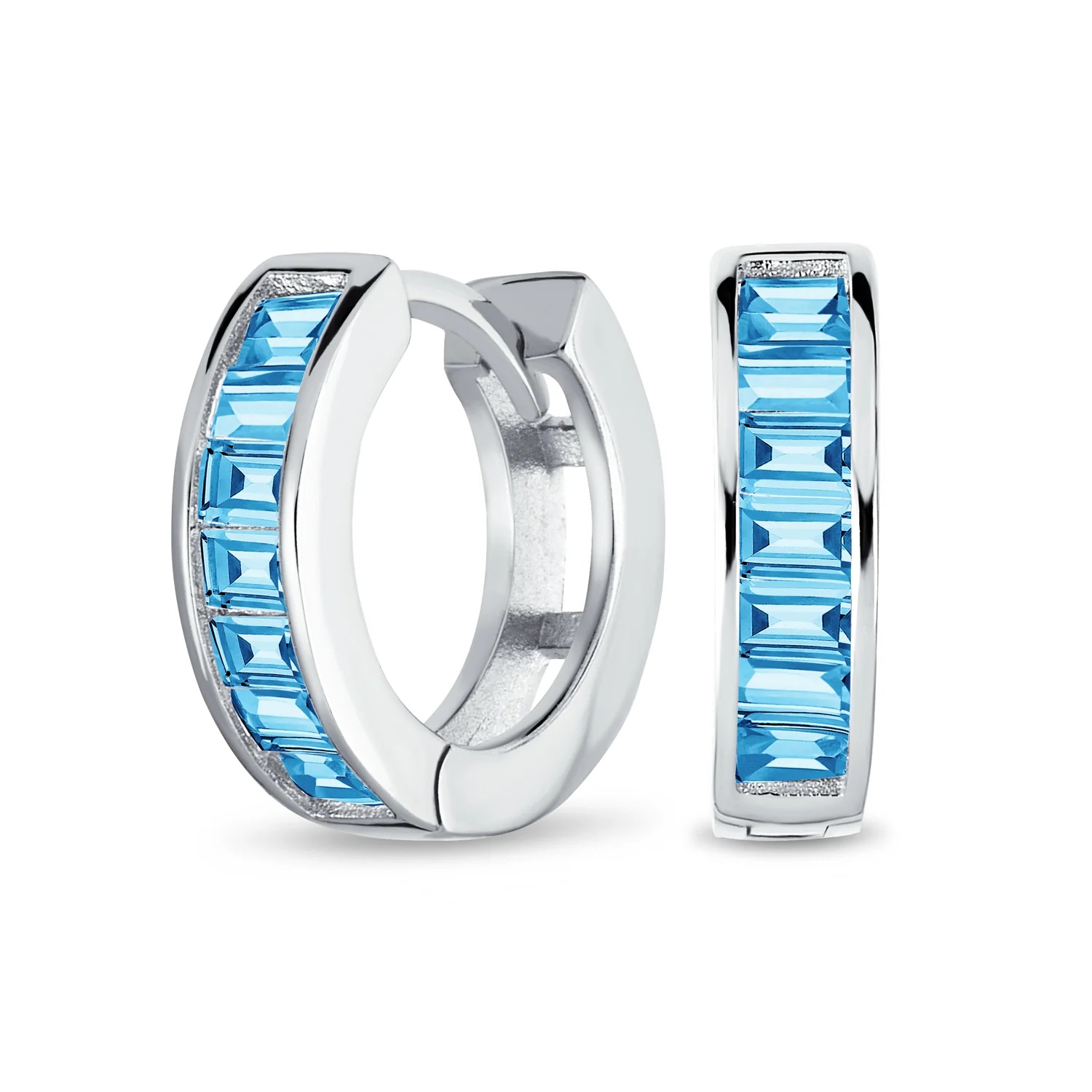 Aquamarine Blue Cubic Zirconia Baguette Cut CZ Huggie Mini Hoop Earrings .925 Sterling Silver - Image 2