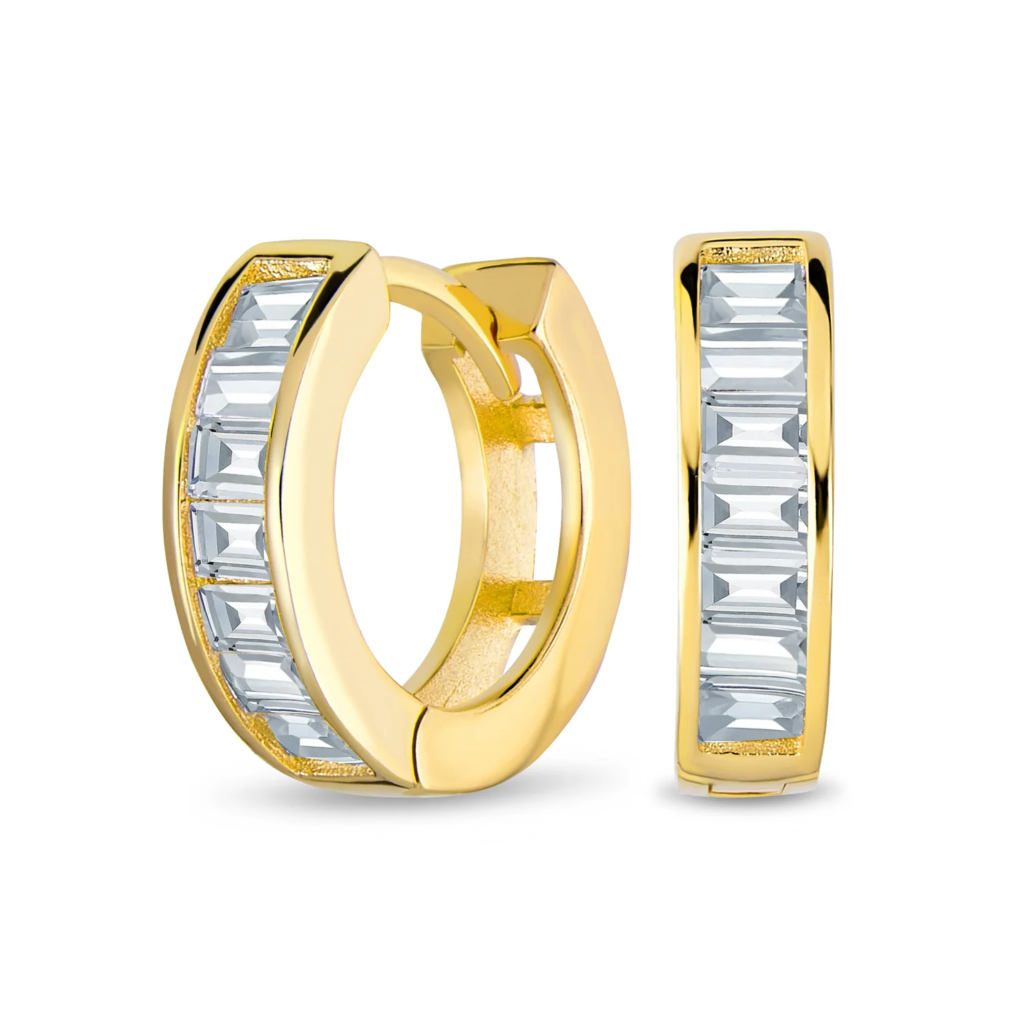 Aquamarine Blue Cubic Zirconia Baguette Cut CZ Huggie Mini Hoop Earrings .925 Sterling Silver - Image 3