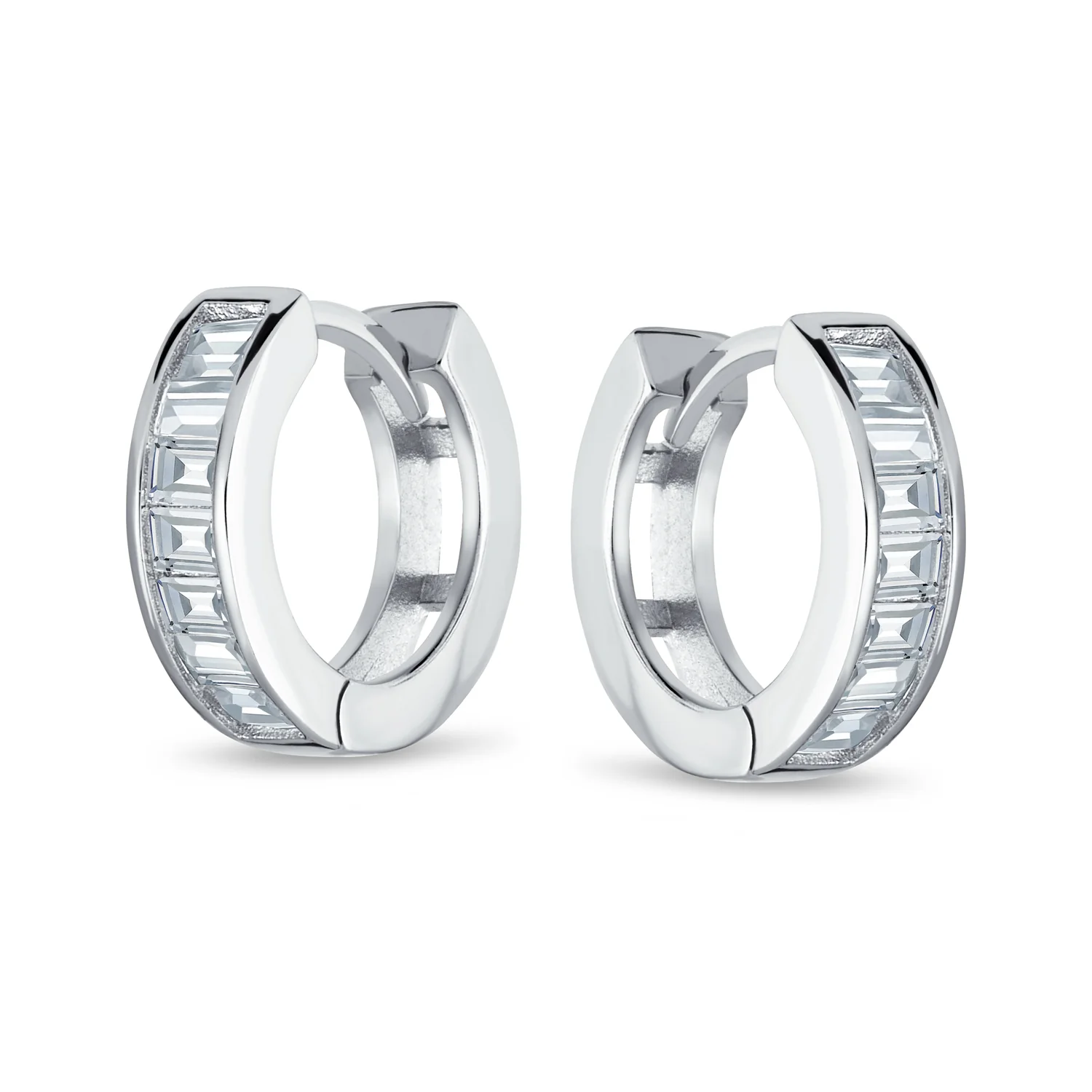 Aquamarine Blue Cubic Zirconia Baguette Cut CZ Huggie Mini Hoop Earrings .925 Sterling Silver - Image 5