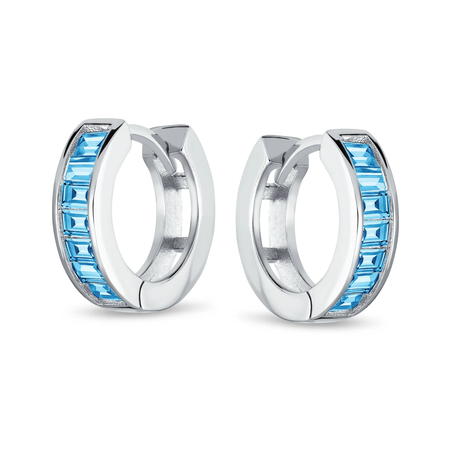 Aquamarine Blue Cubic Zirconia Baguette Cut CZ Huggie Mini Hoop Earrings .925 Sterling Silver - Image 6