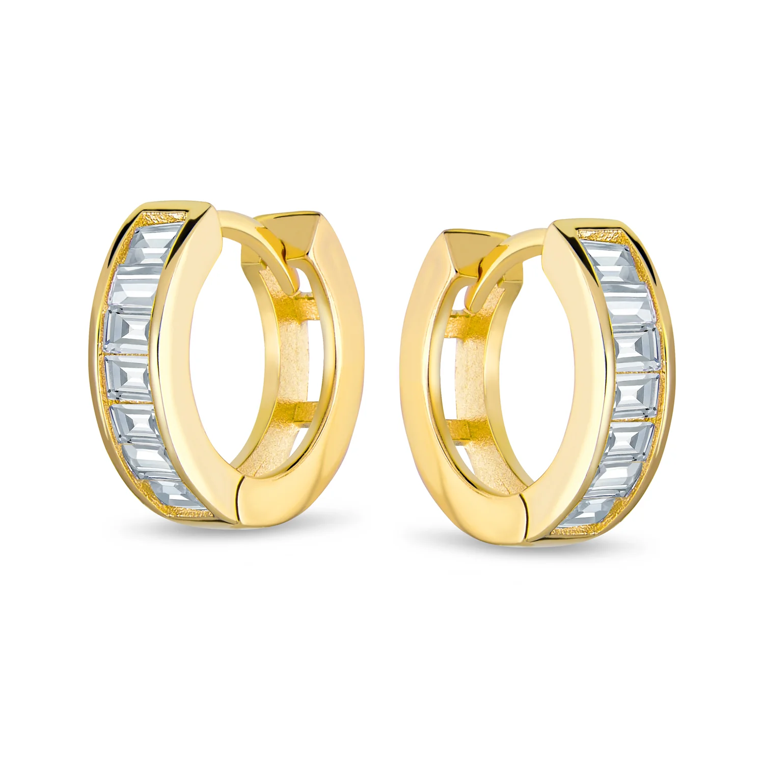 Aquamarine Blue Cubic Zirconia Baguette Cut CZ Huggie Mini Hoop Earrings .925 Sterling Silver - Image 7