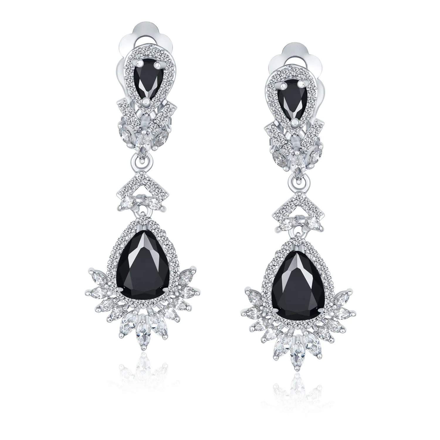 Bridal Black Onyx CZ Chandelier Clip-On Earrings Vintage - Image 2