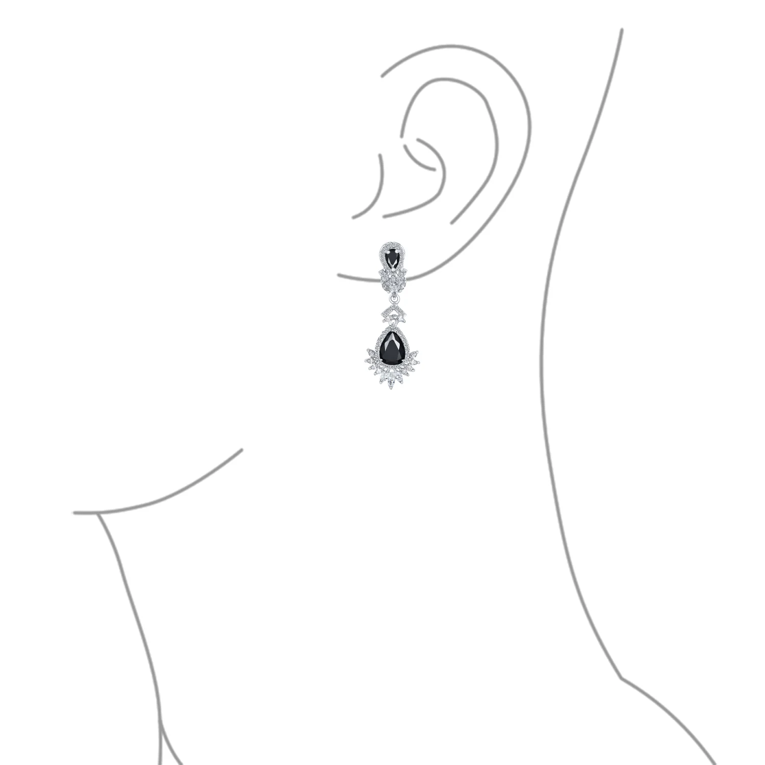 Bridal Black Onyx CZ Chandelier Clip-On Earrings Vintage - Image 3
