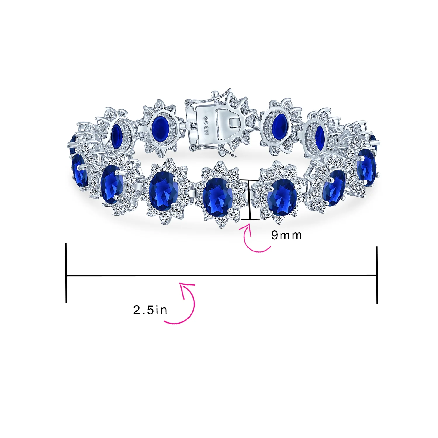 Bridal Blue CZ Oval Crown Halo Tennis Bracelet & Drop Earrings Set Silver Plated - Image 4