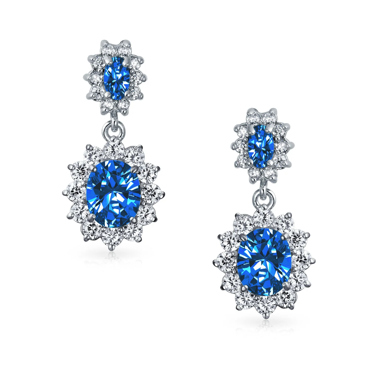 Bridal Blue CZ Oval Crown Halo Tennis Bracelet & Drop Earrings Set Silver Plated - Image 6