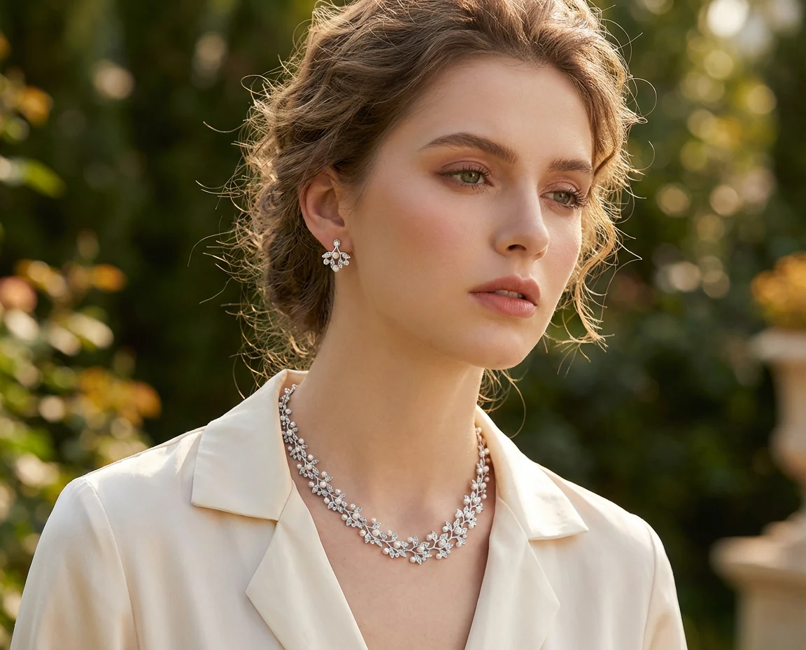 Fashion Faux White Pearl Pave CZ Leaf Motif Bib Statement Necklace Earring - Image 3