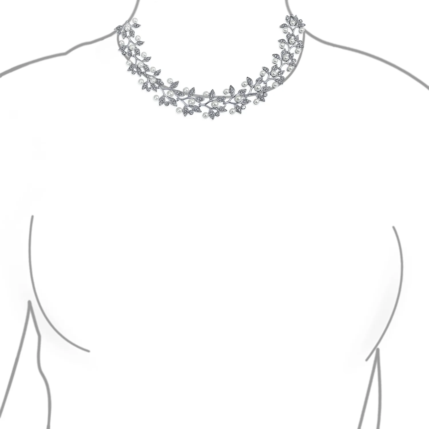 Fashion Faux White Pearl Pave CZ Leaf Motif Bib Statement Necklace Earring - Image 5