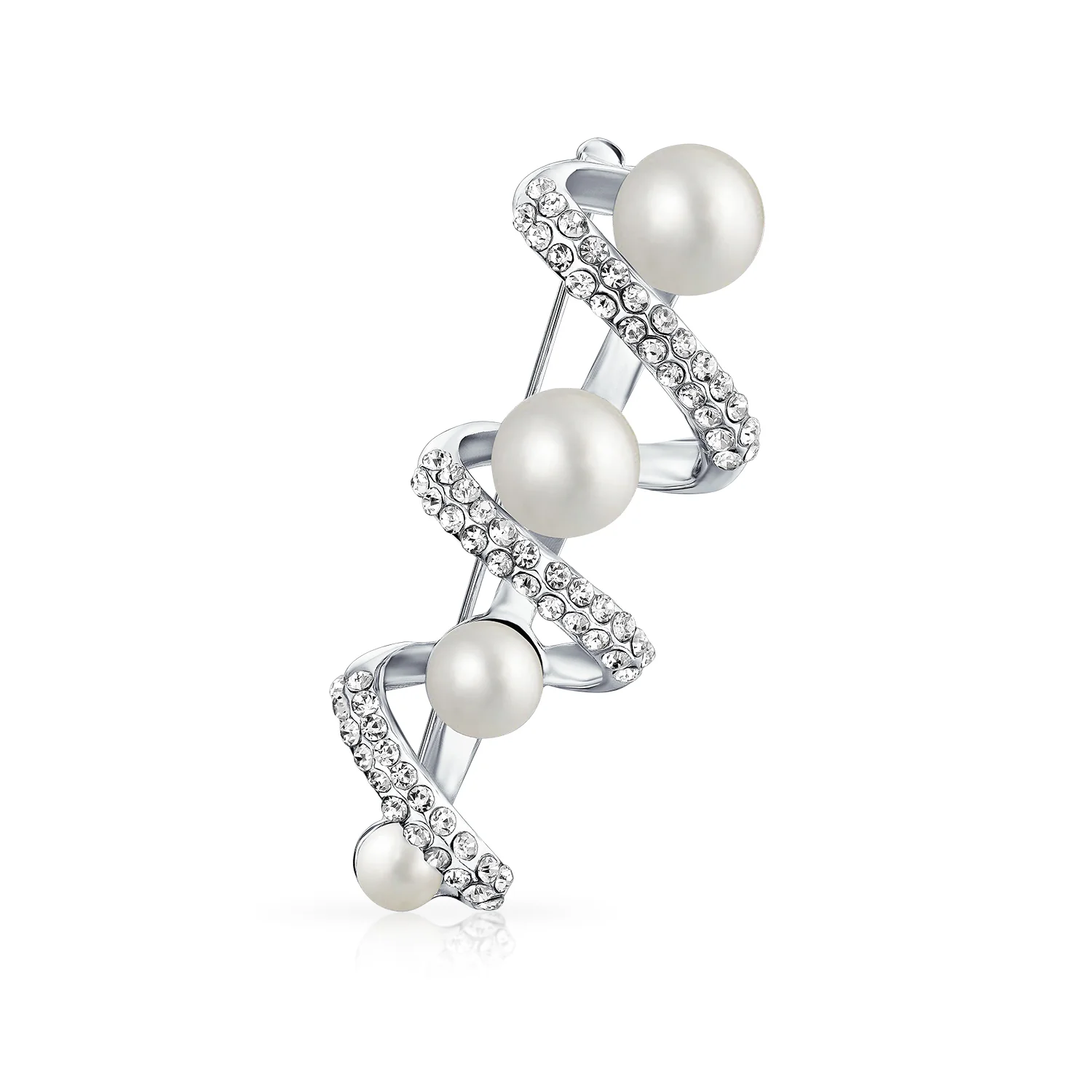 Bridal Crystal Spiral White Pearl Scarf Brooche Pin Silver